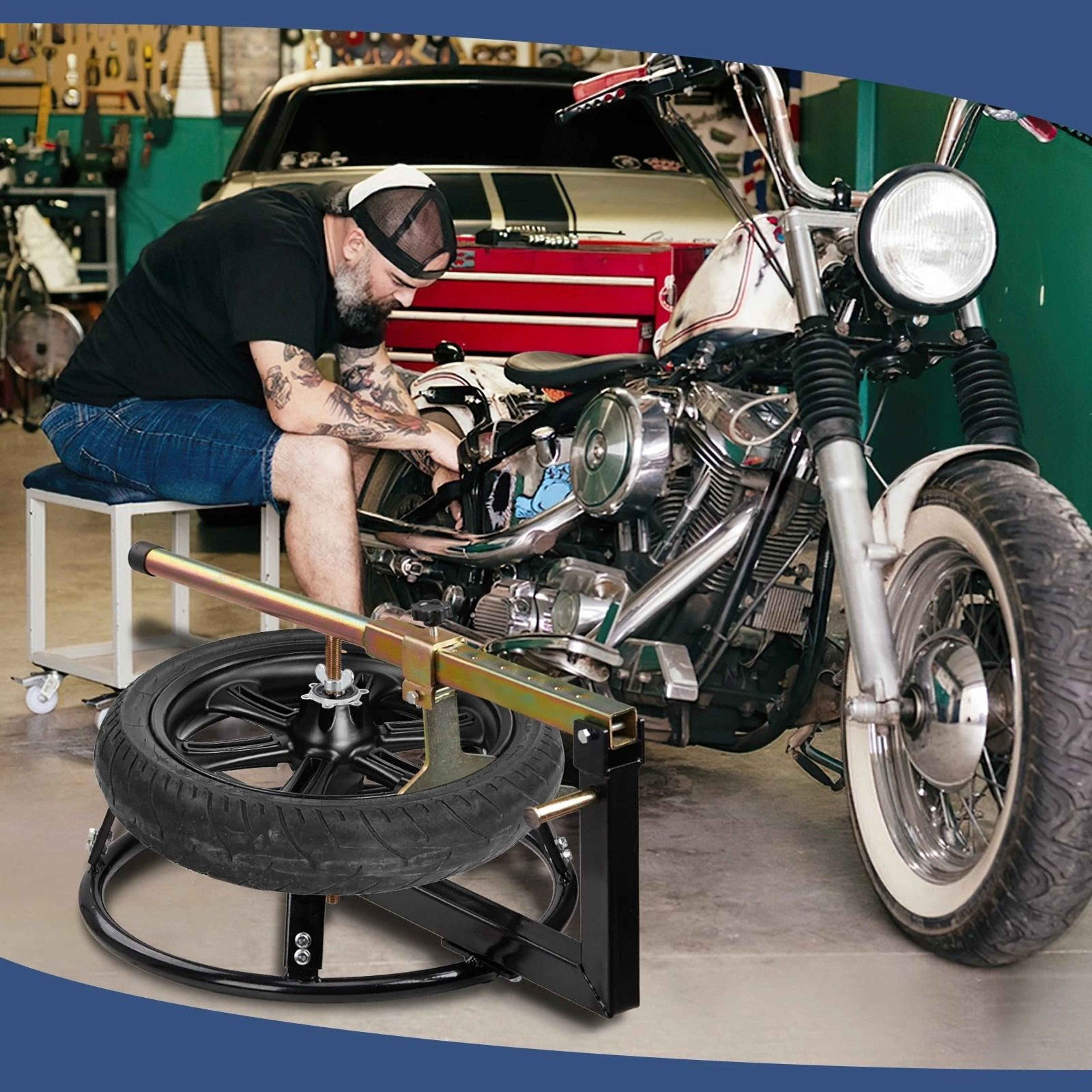 motorcycle tire changing stand with bead breaker, portable heavy-duty, efficient