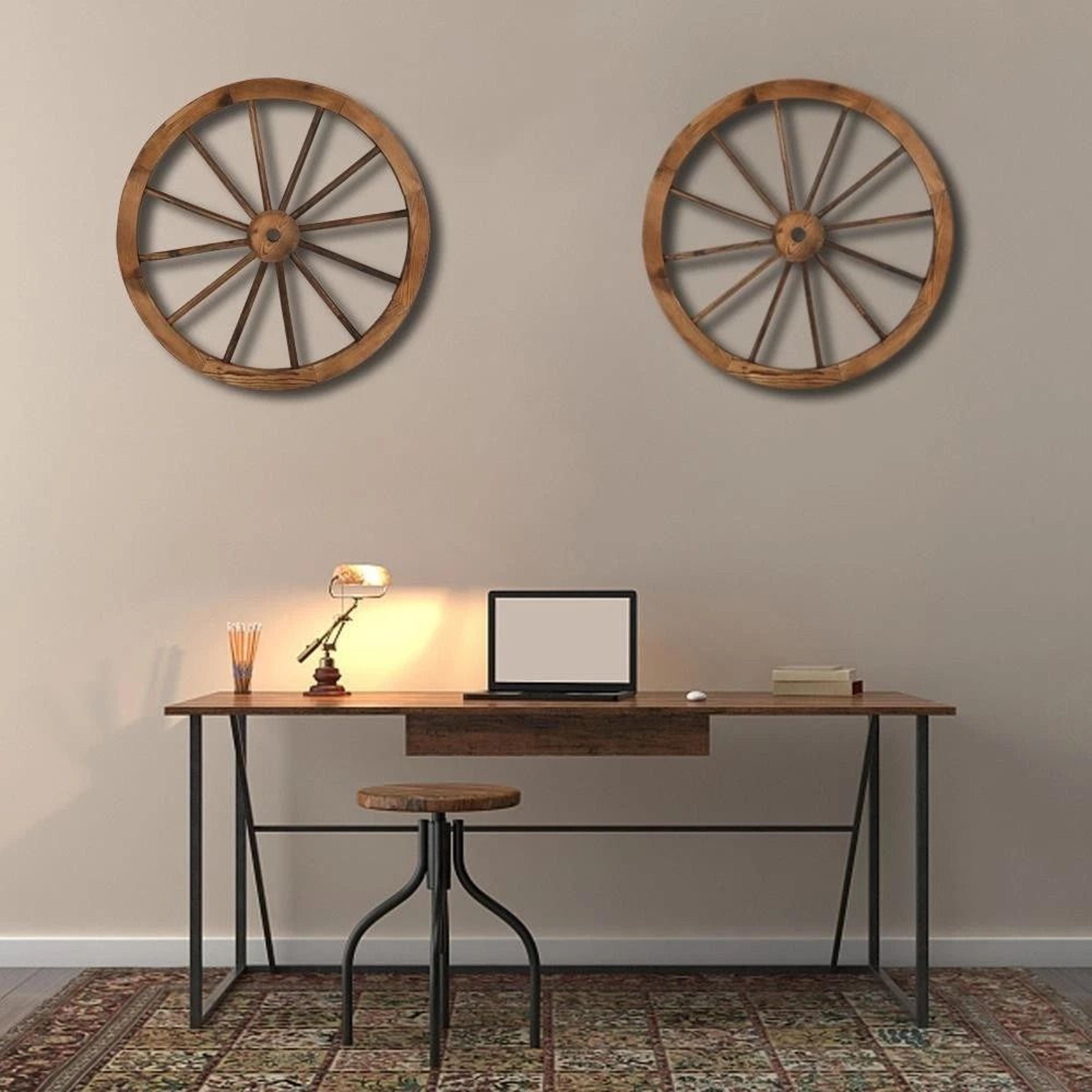 vintage wooden wagon wheel, wall decoration, garden yard accent