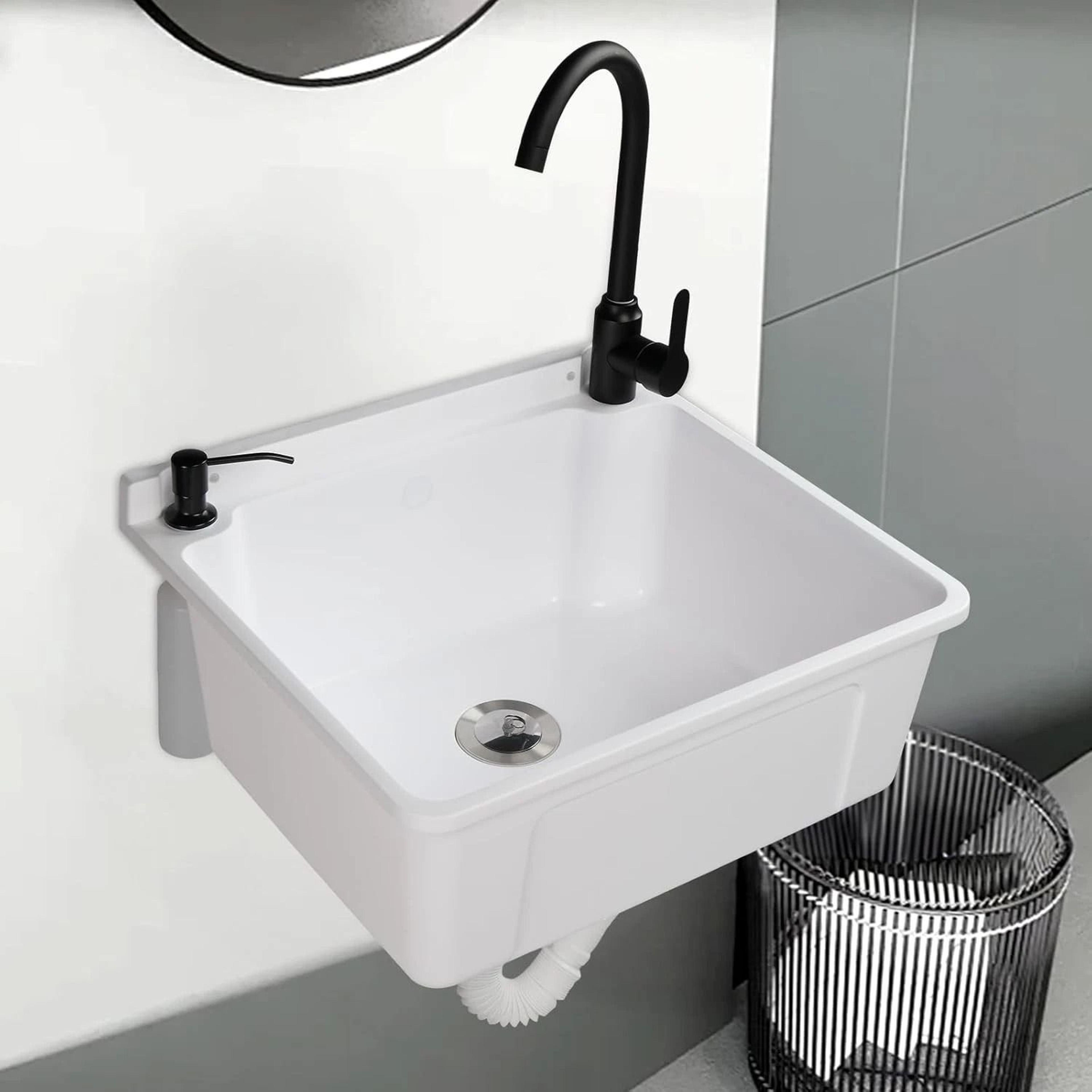 plastic wall-mounted utility sink with hot&cold faucet, save space, white/black