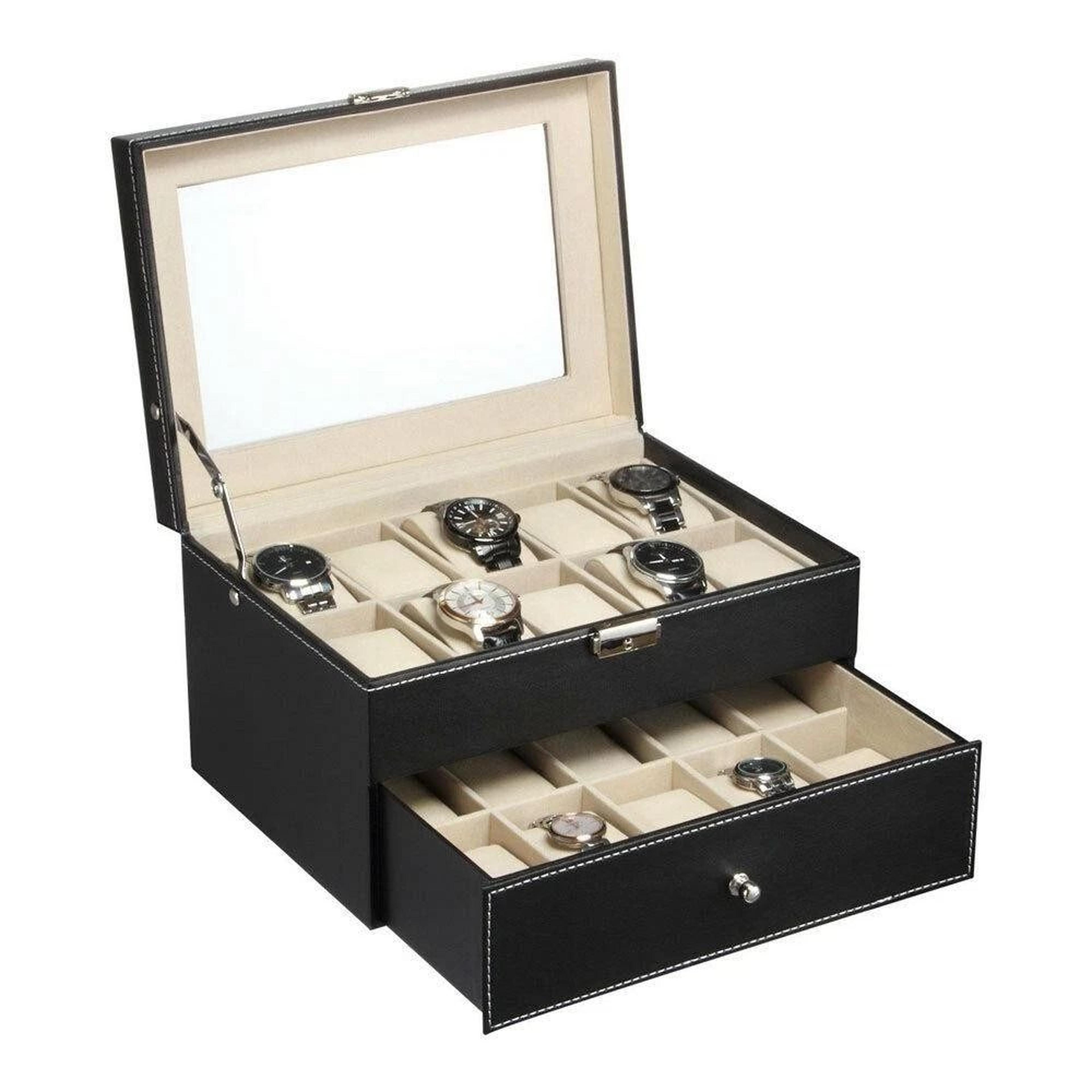 leather display case organizer, slot grids watch box, glass jewelry storage bk