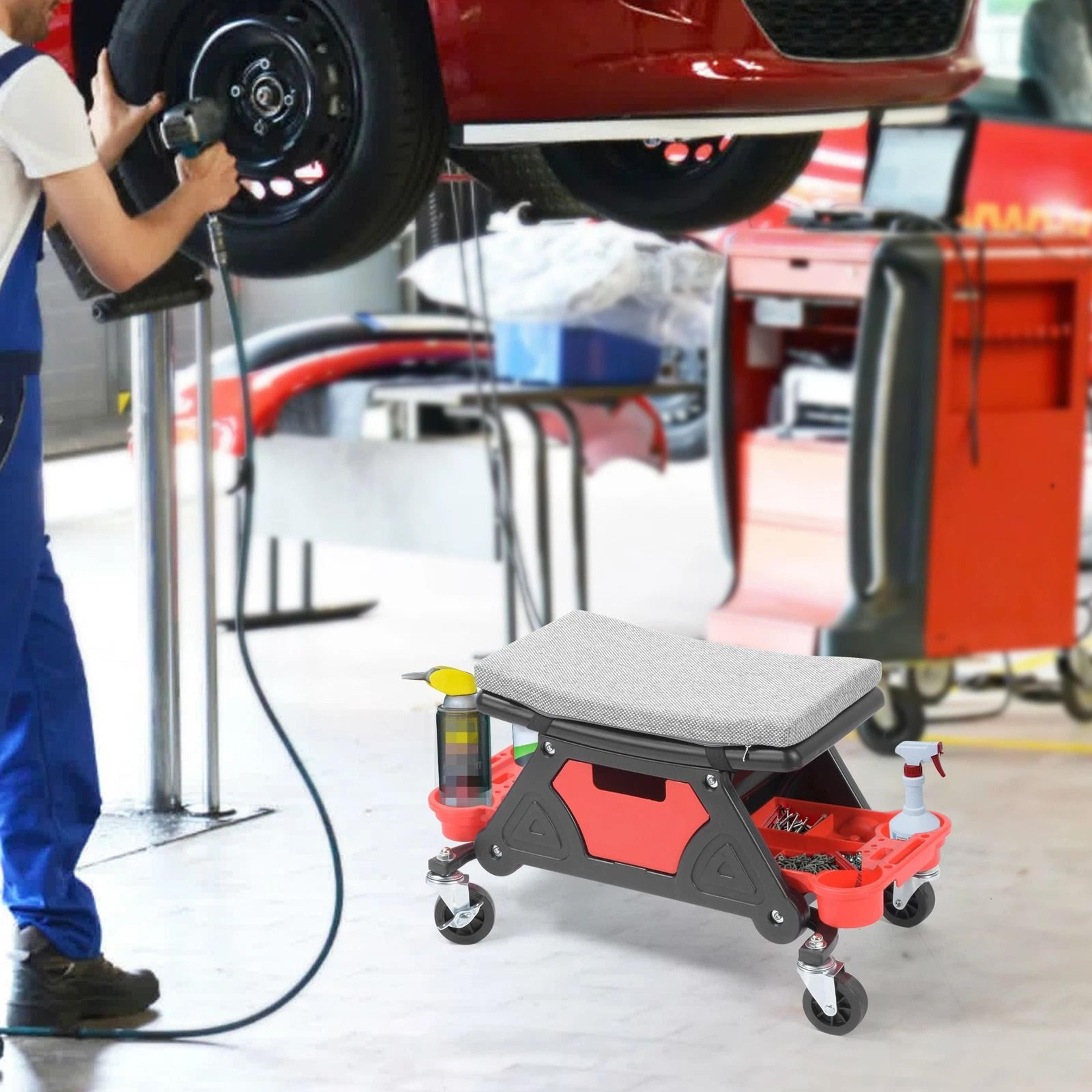 rolling mechanic stool creeper, shop repair tools storage, detailing seat garage
