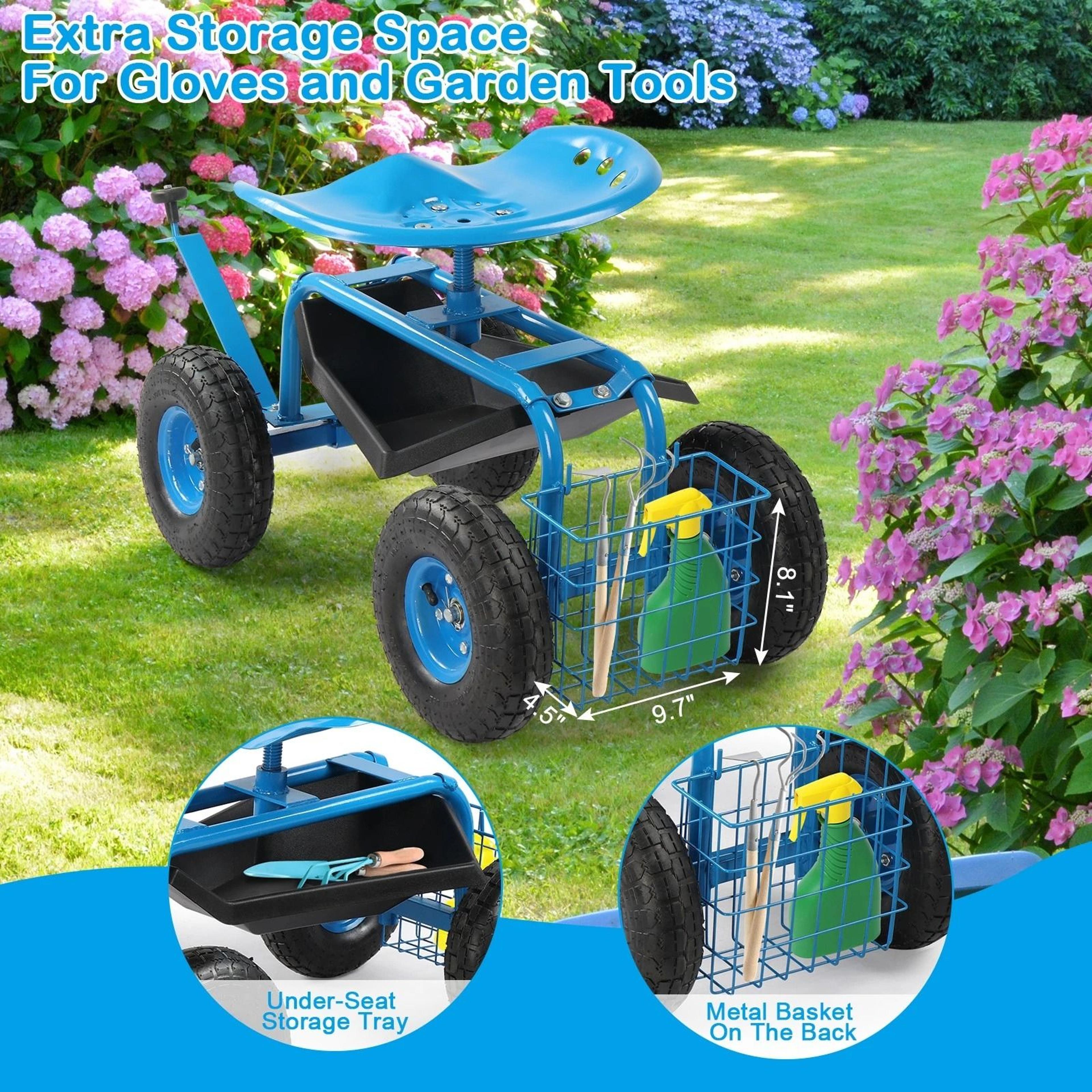 Green Rolling Garden Cart With Seat And Wheels Extendable Handle For Comfortable Gardening 5