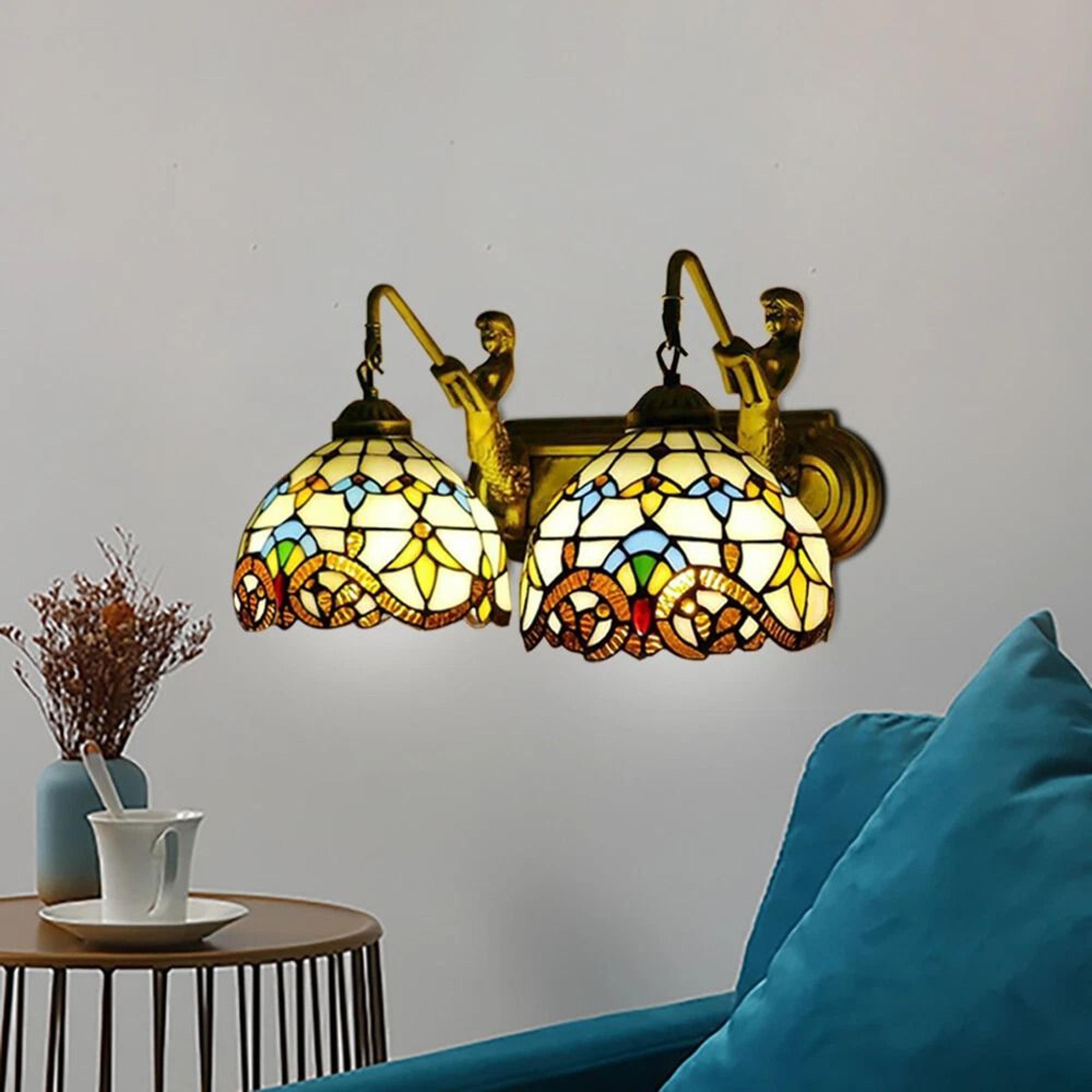 tiffany mermaid vanity fixture 2 light wall sconce stained glass