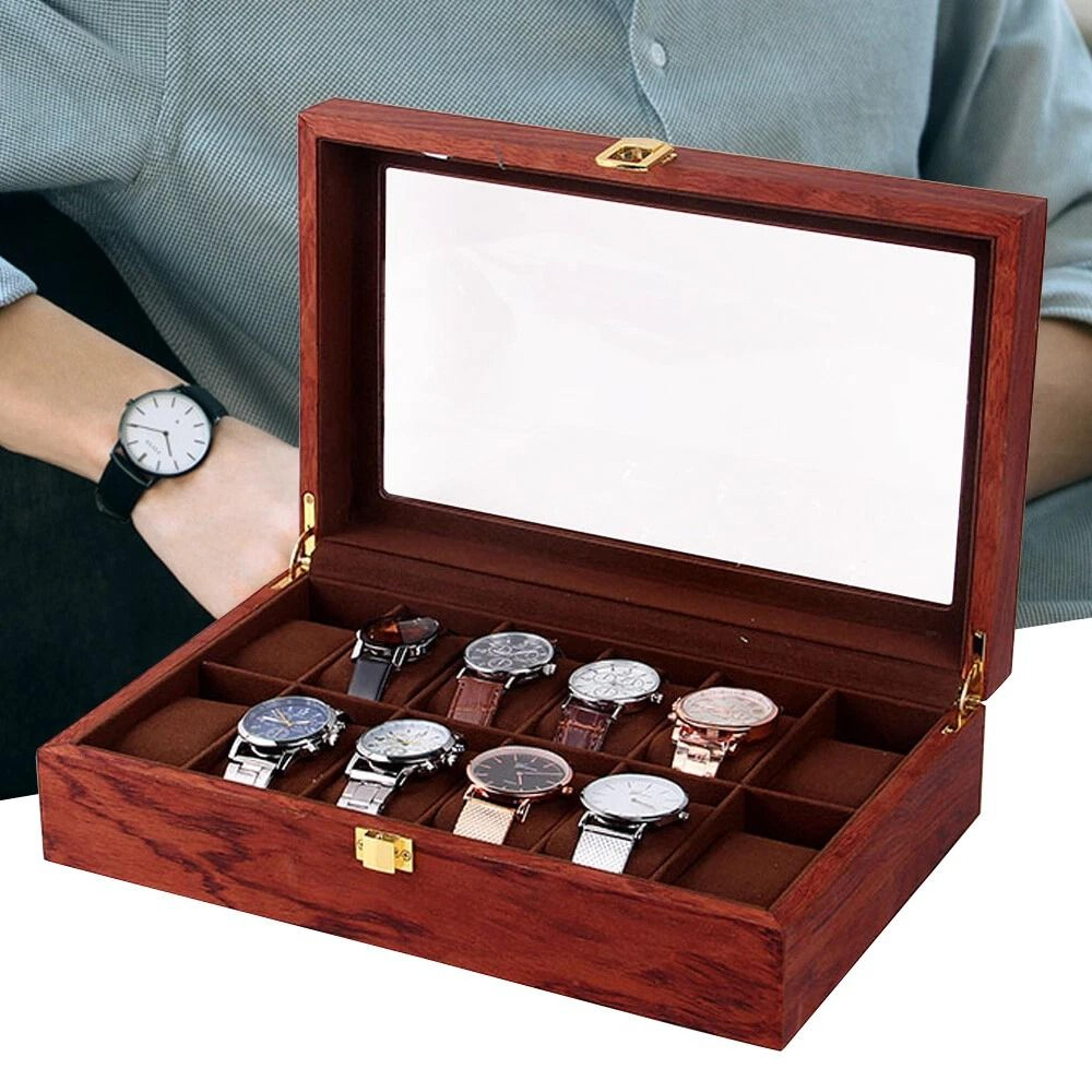 luxury accents display box, 12 slot gold wooden watch box for men, holder gift