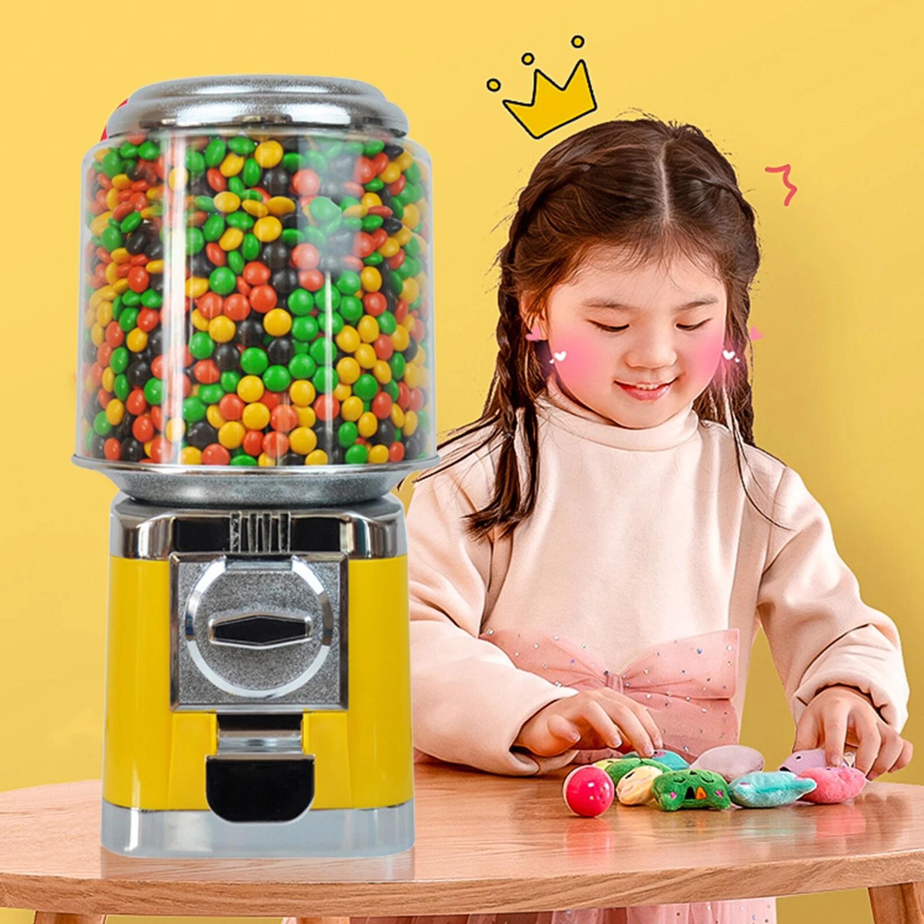 yellow candy vending machine, bulk gumball nut dispenser, treat station