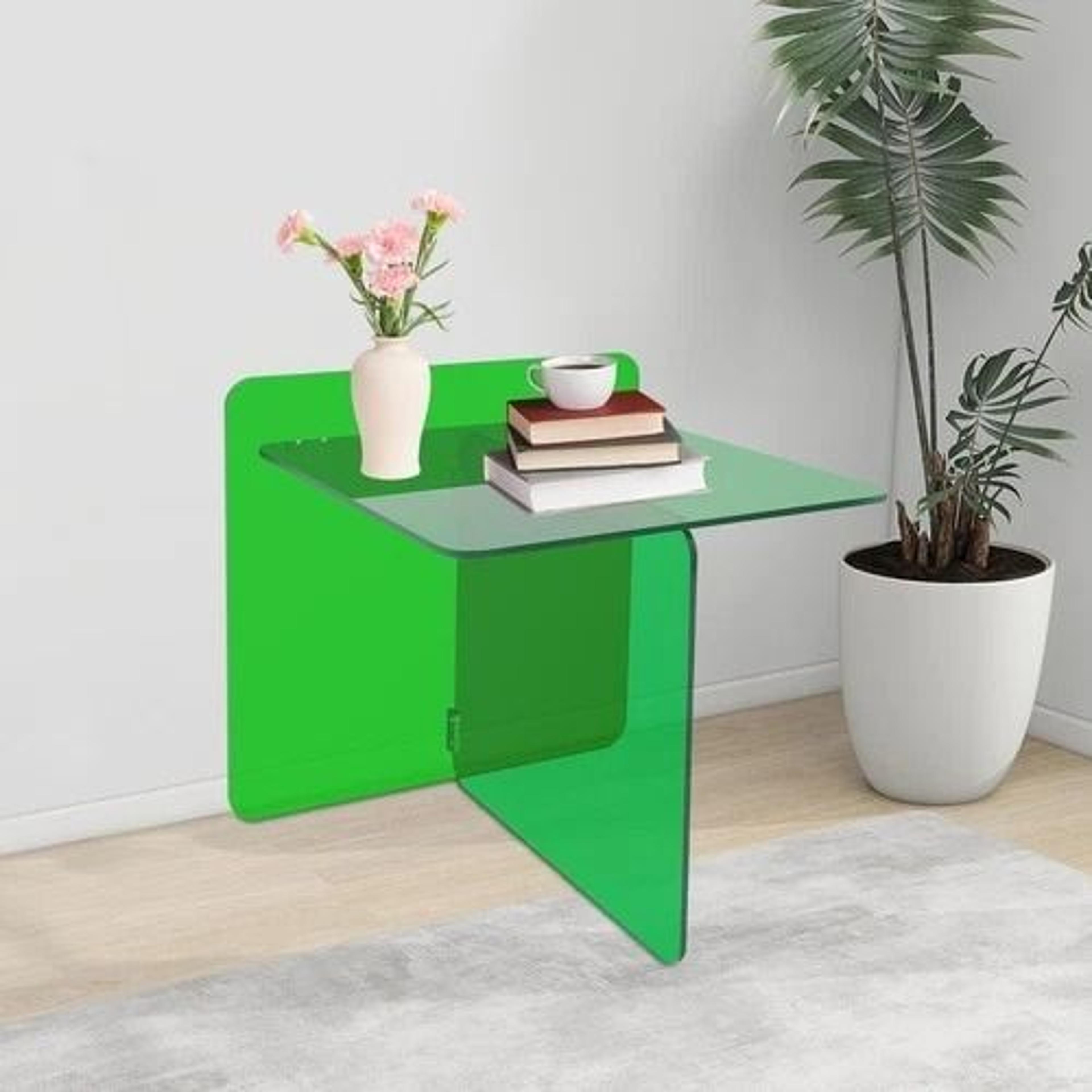 free standing green modern bedside table, acrylic end table, stylish side table for living room