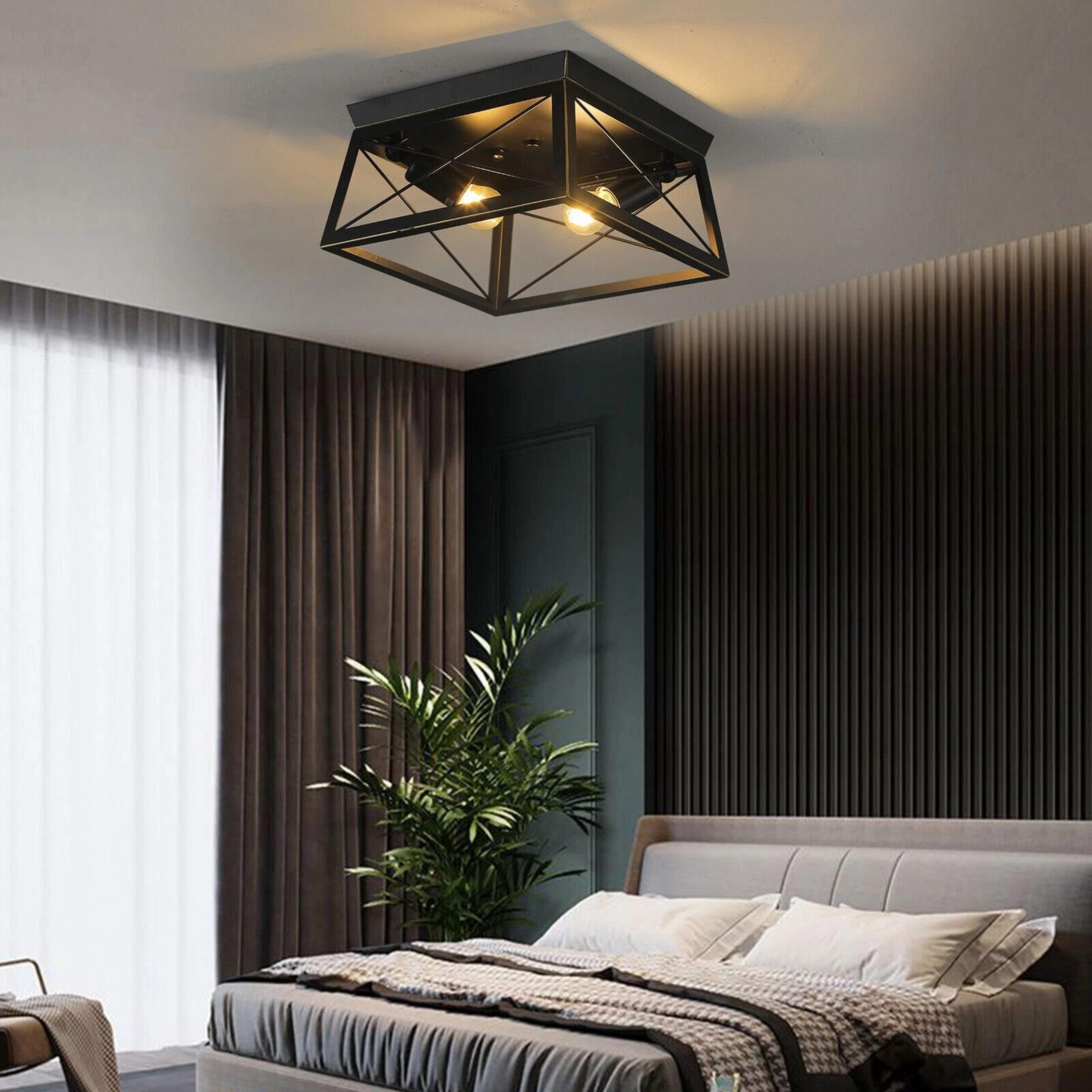 farmhouse industrial 2-light ceiling light fixture, matte black flush mount lamp