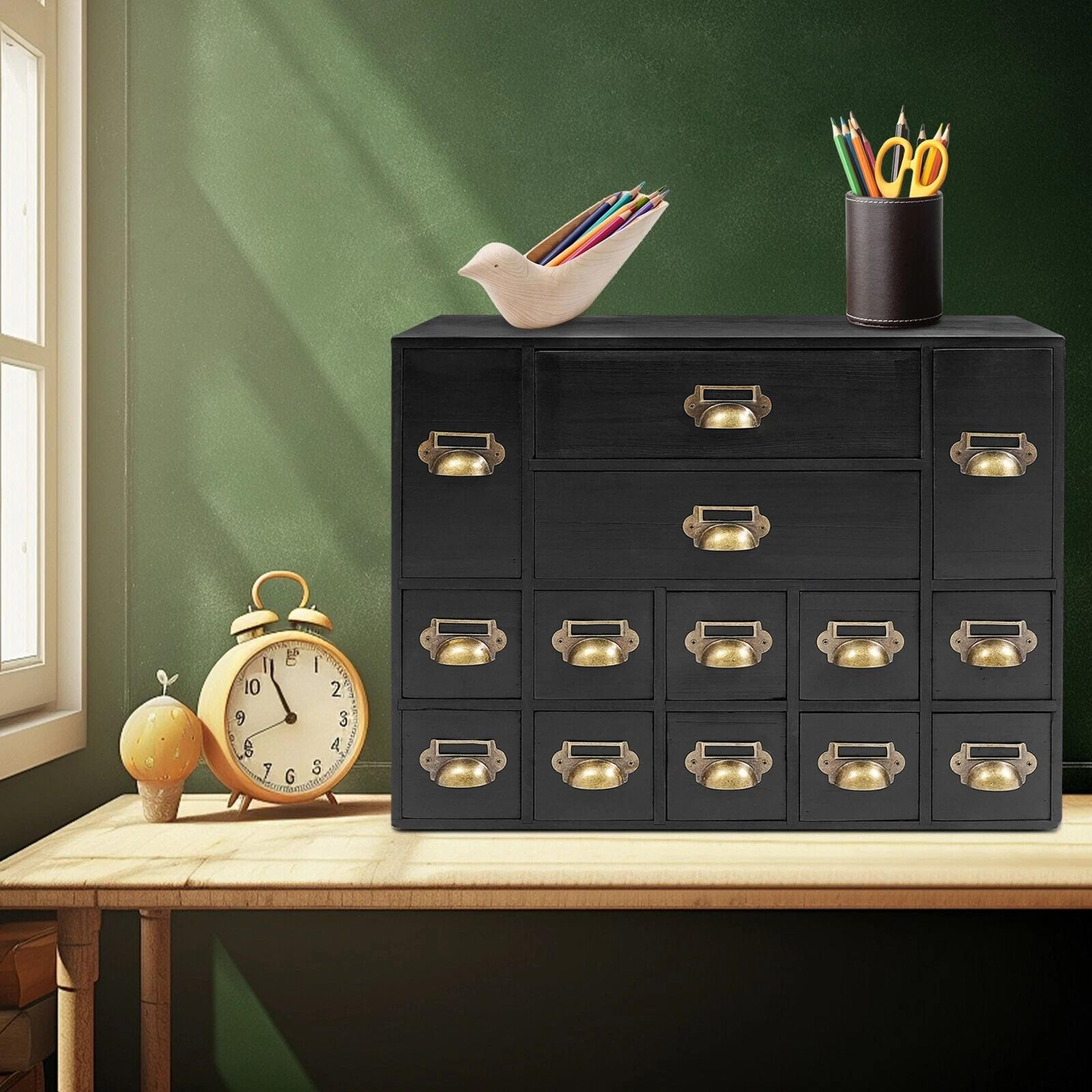 black vintage 14 drawers storage organizer, iron & wood cabinet