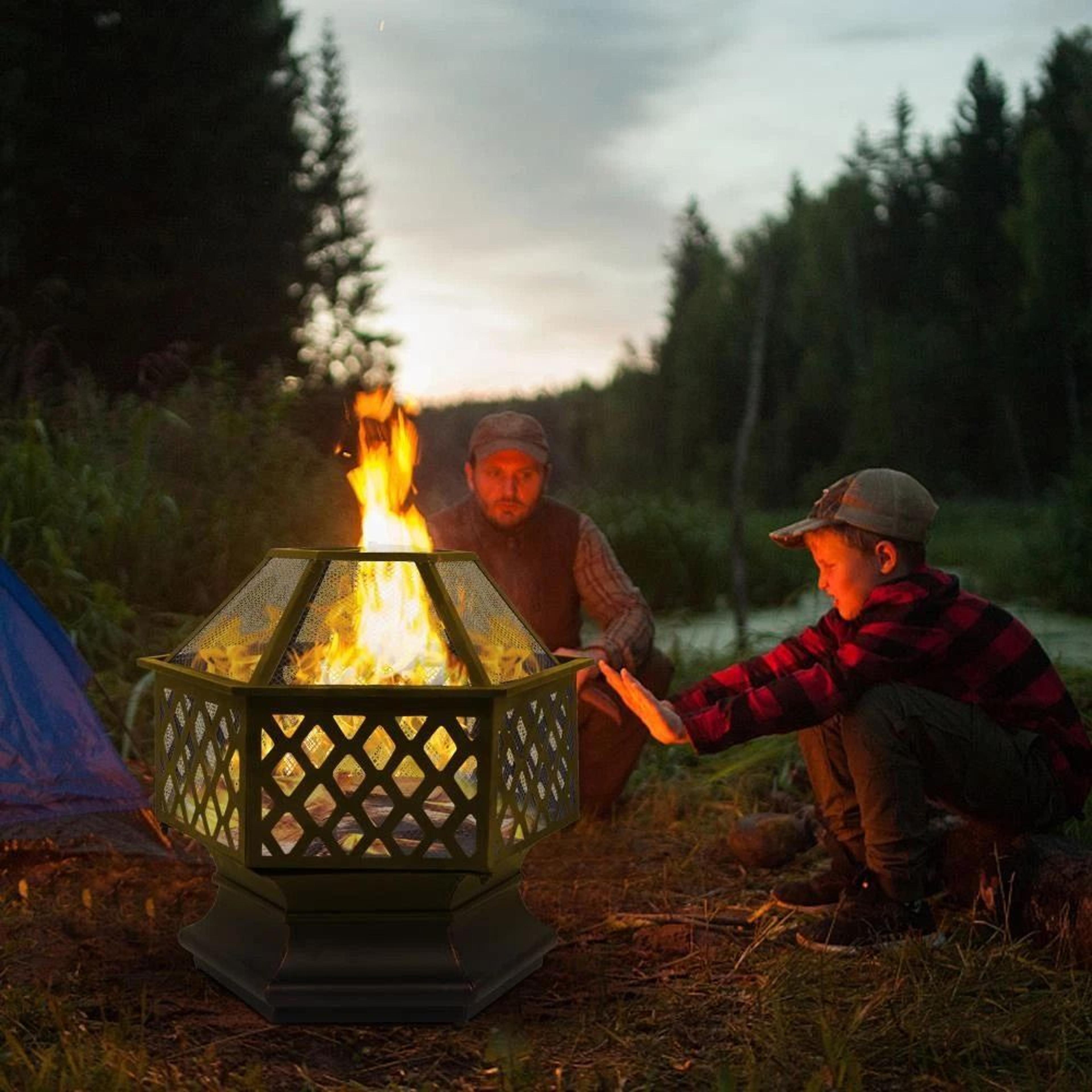 outdoor hex shaped fire pit, wooden heater garden fireplace, firepit bowl