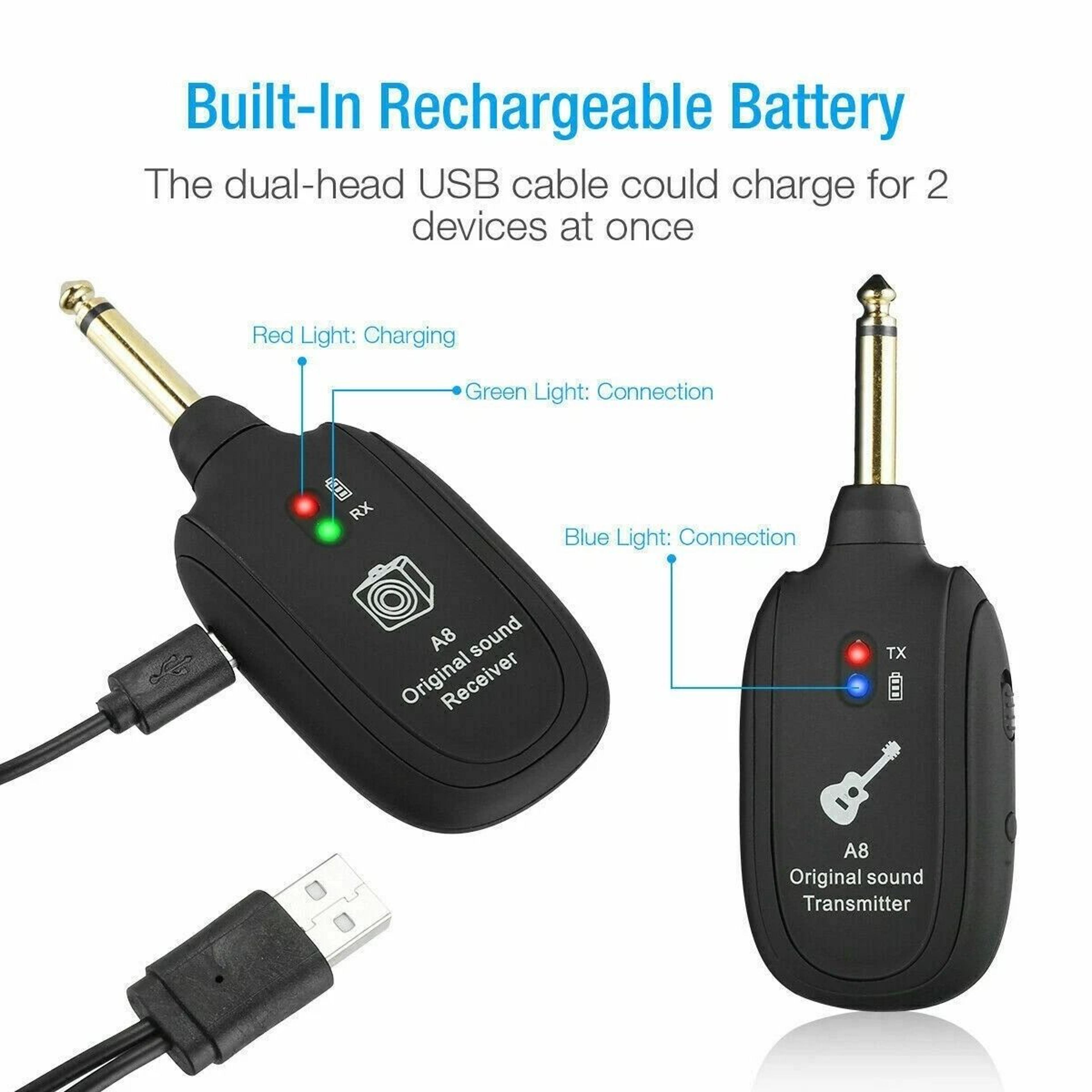 Rechargeable UHF Guitar Wireless System TransmitterReceiver BuiltIn 6