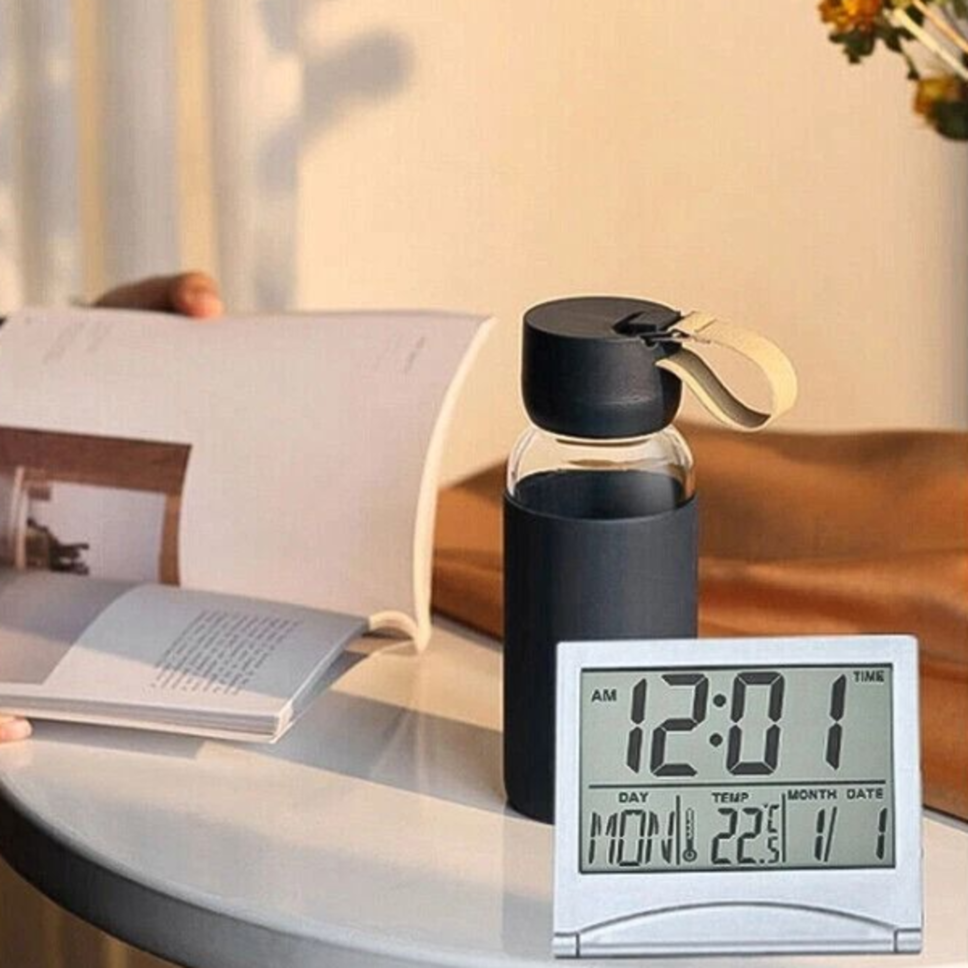 foldable temperature lcd clock, digital travel alarm clock, compact desk timer new