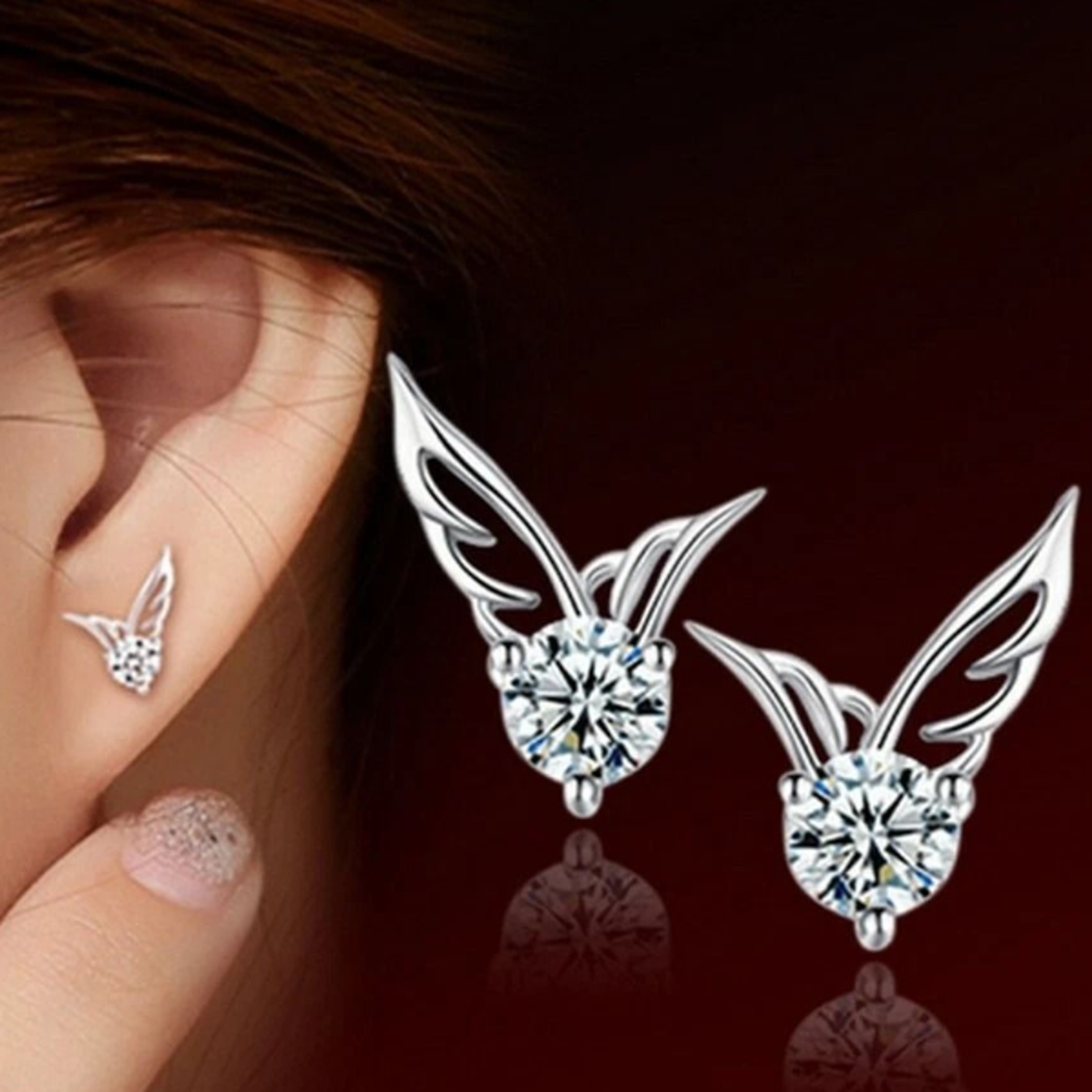crystal angel wings women stud earrings, elegant sterling silver jewelry