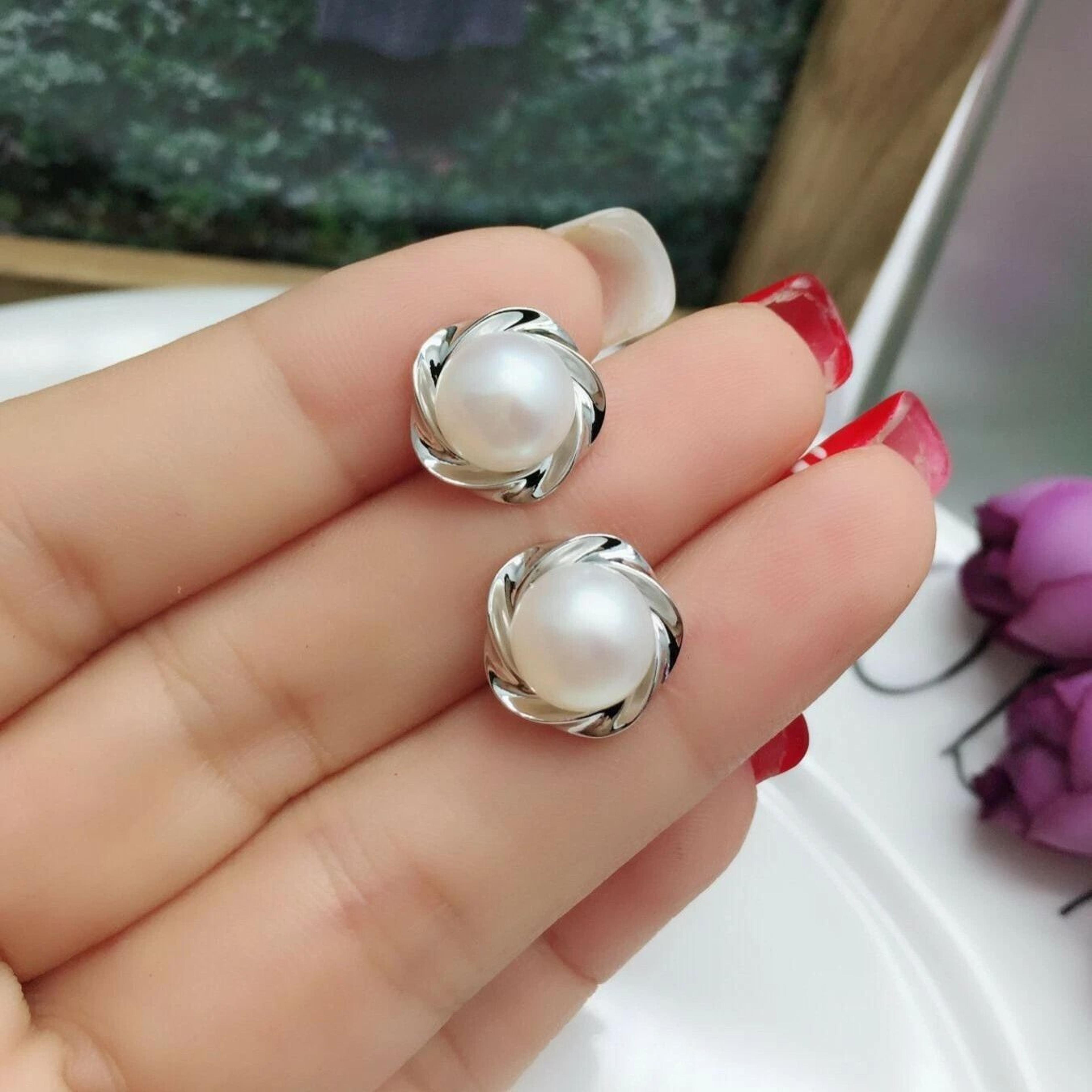 sterling silver earrings for women, pearls and rotating flowers studs