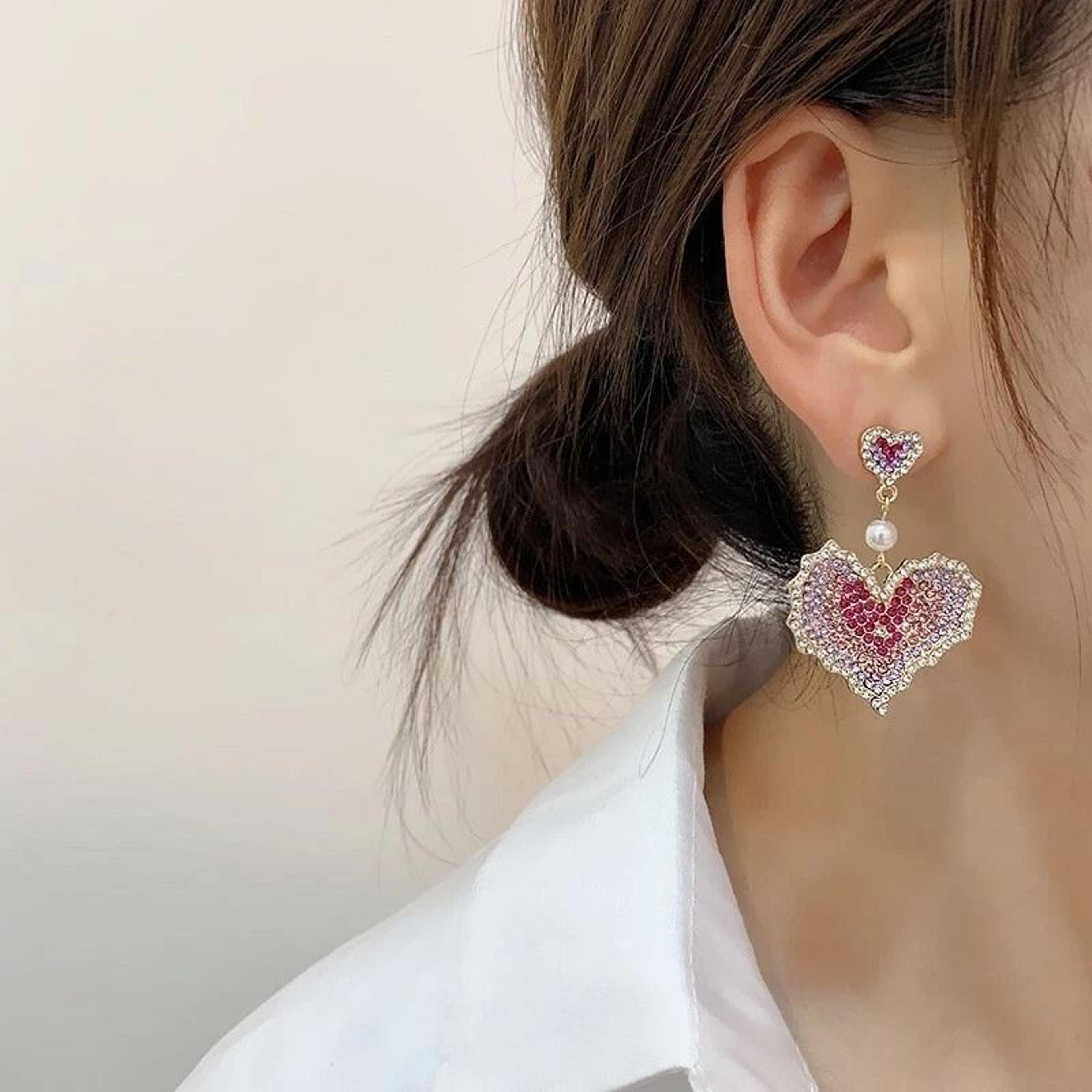 sterling silver crystal earrings for women - fashion colorful heart stud earrings