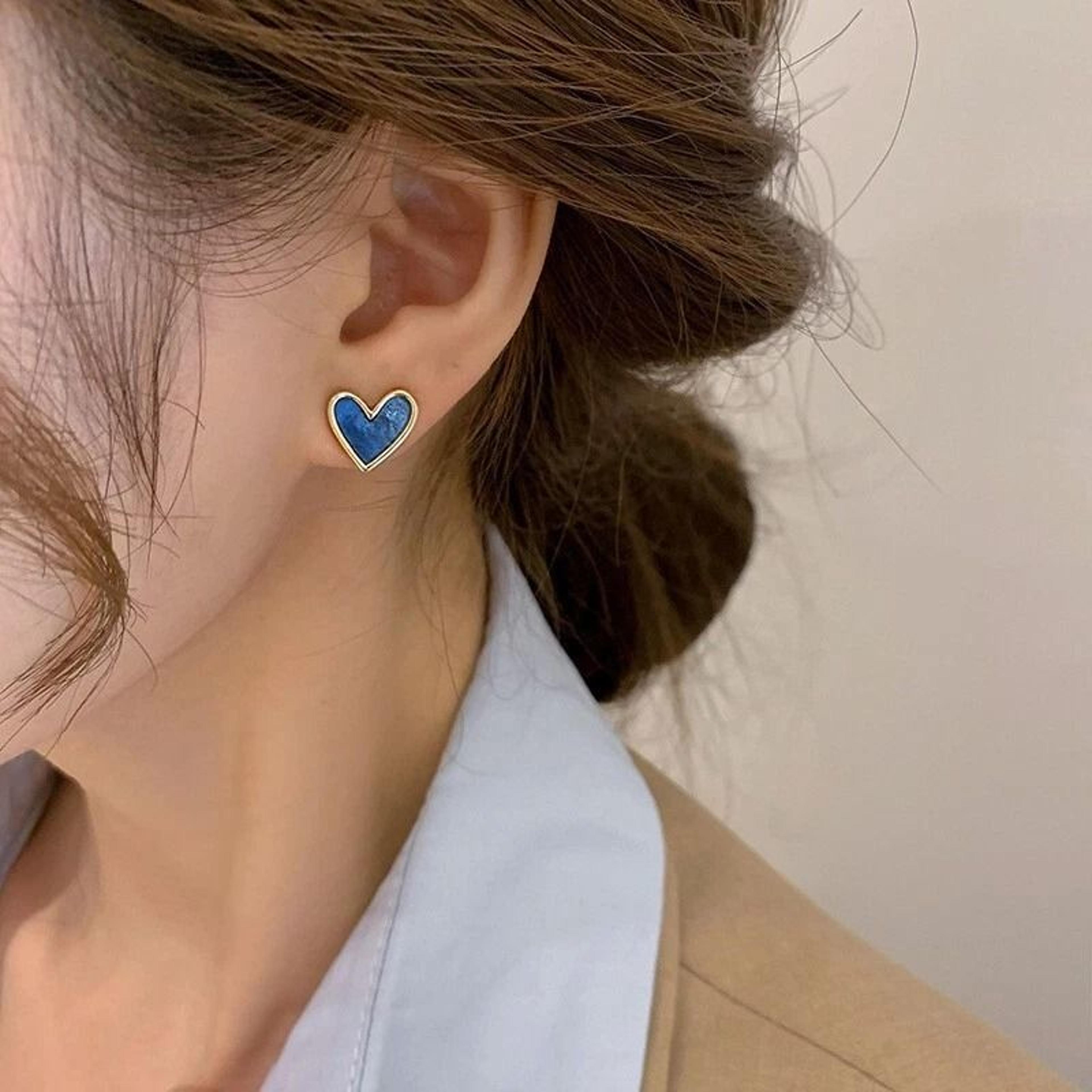 sterling silver earrings, fashion women blue glazed heart, french style