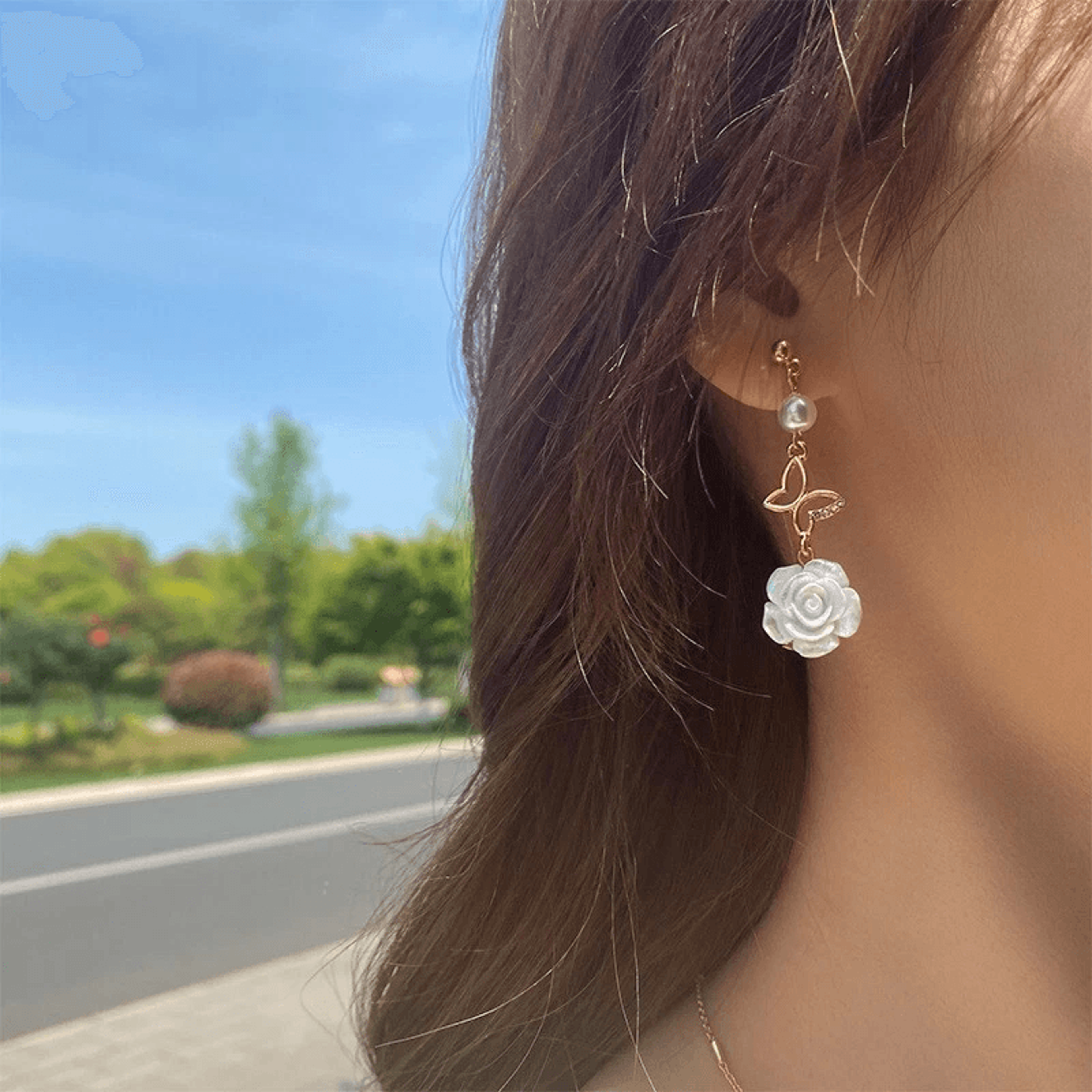 sterling silver creative rose butterfly asymmetrical stud earring for women