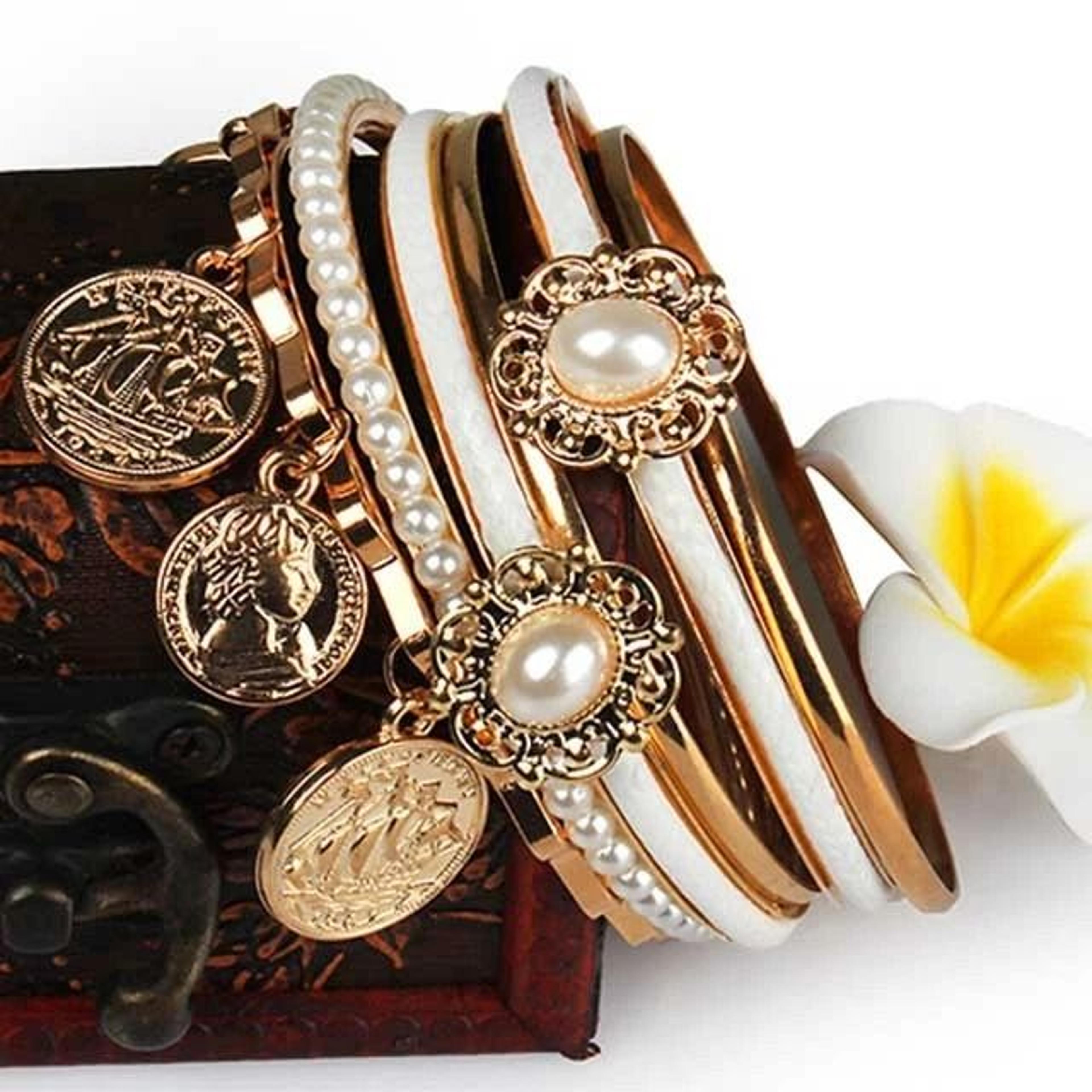 fashion women gold rhinestone bangle charm bracelet cuff jewelry set