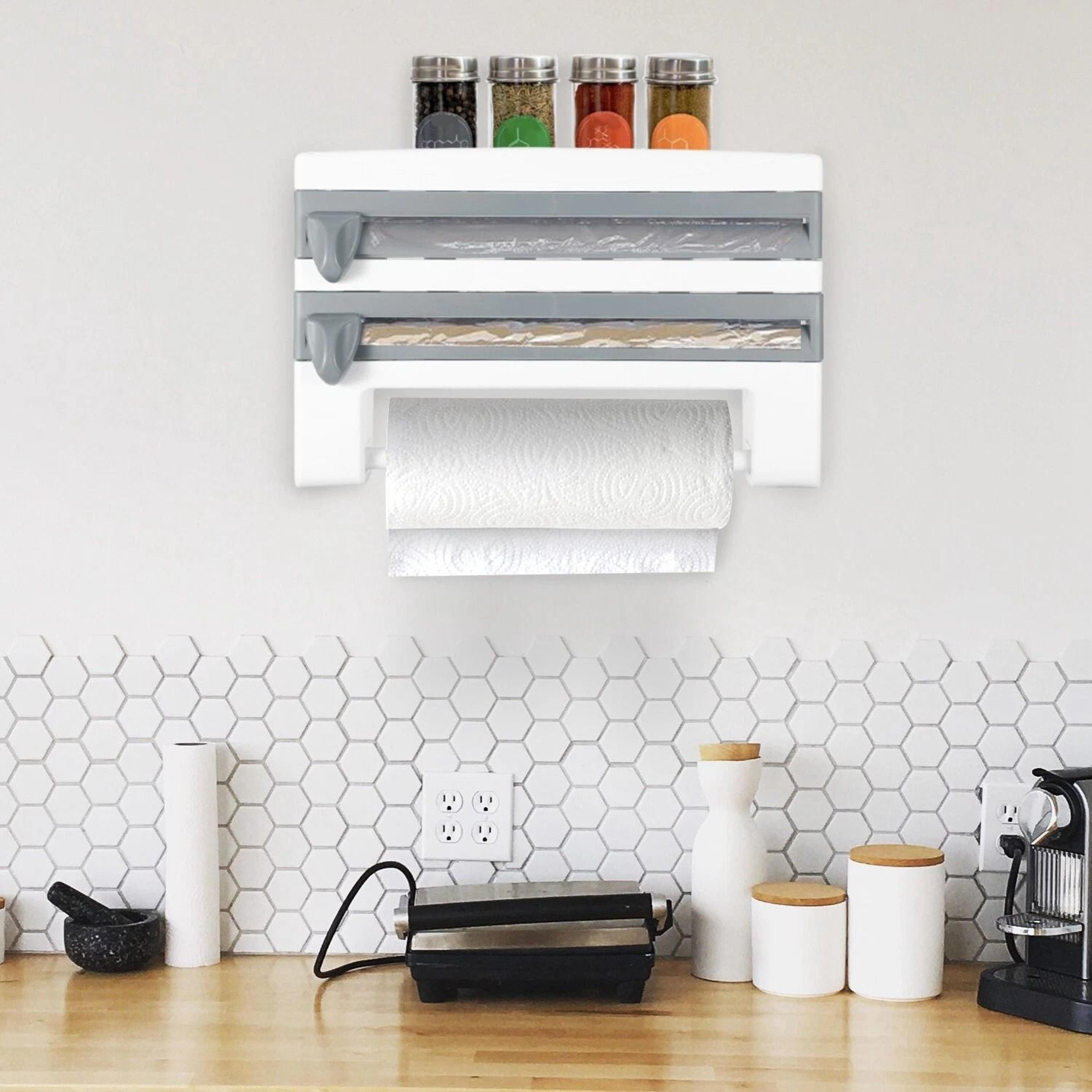 wall mounted paper towel holder & triple roll dispenser for kitchen cling film and tinfoil storage
