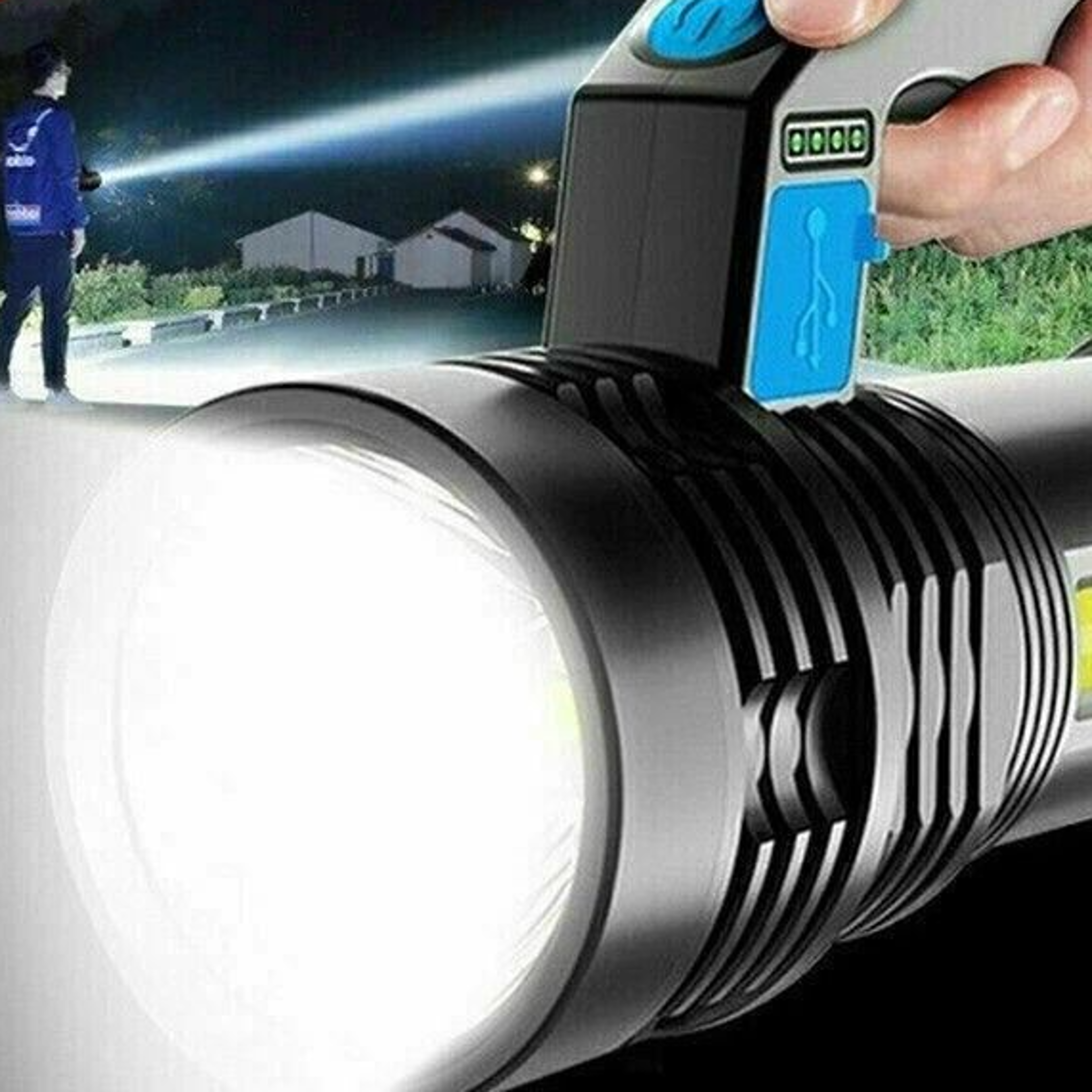 super bright led flashlight usb rechargeable torch high powered, waterproof, adjustable focus