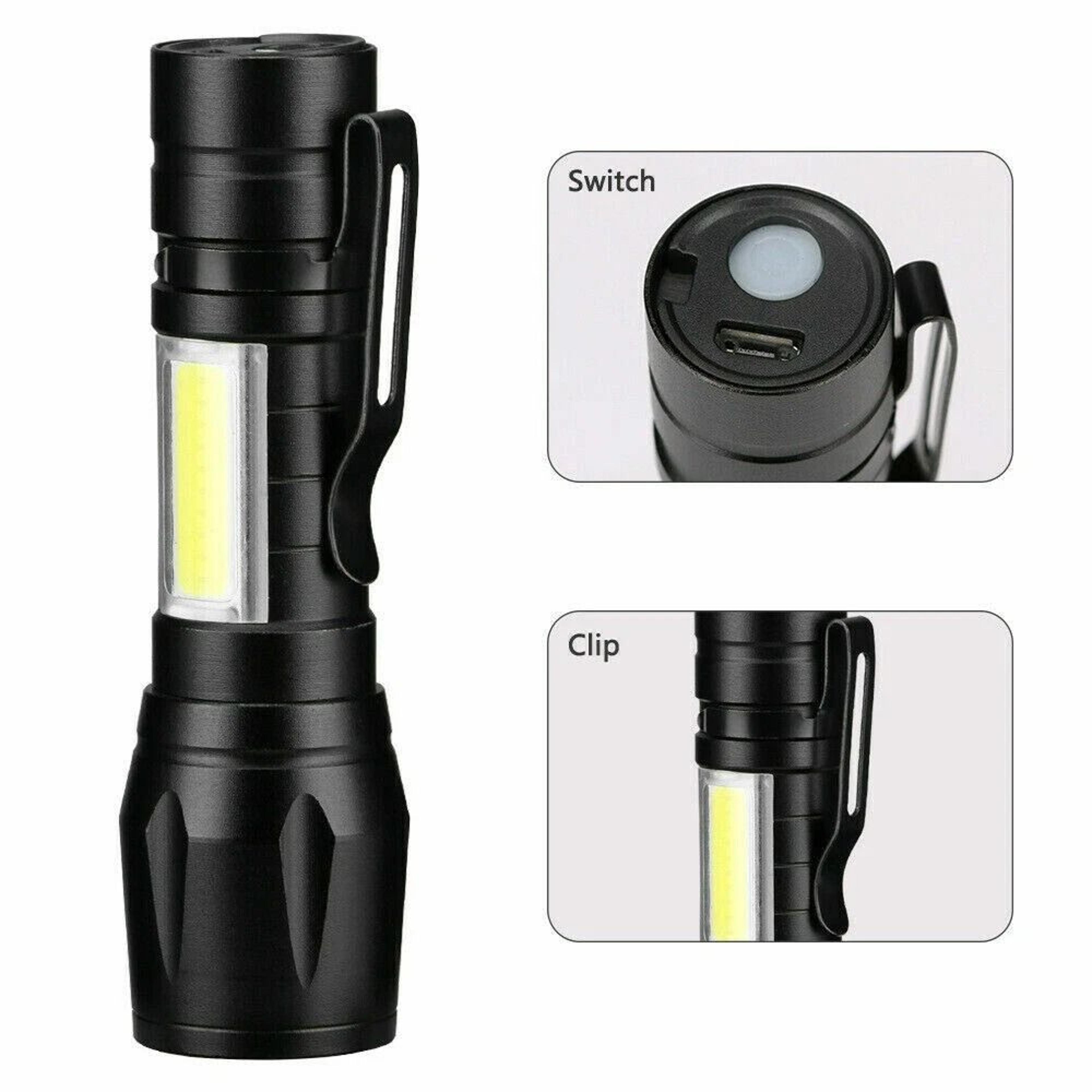 Mini COB LED Flashlight Tactical Light USB Rechargeable Super Bright Torch Waterproof Adjustable Fo 8