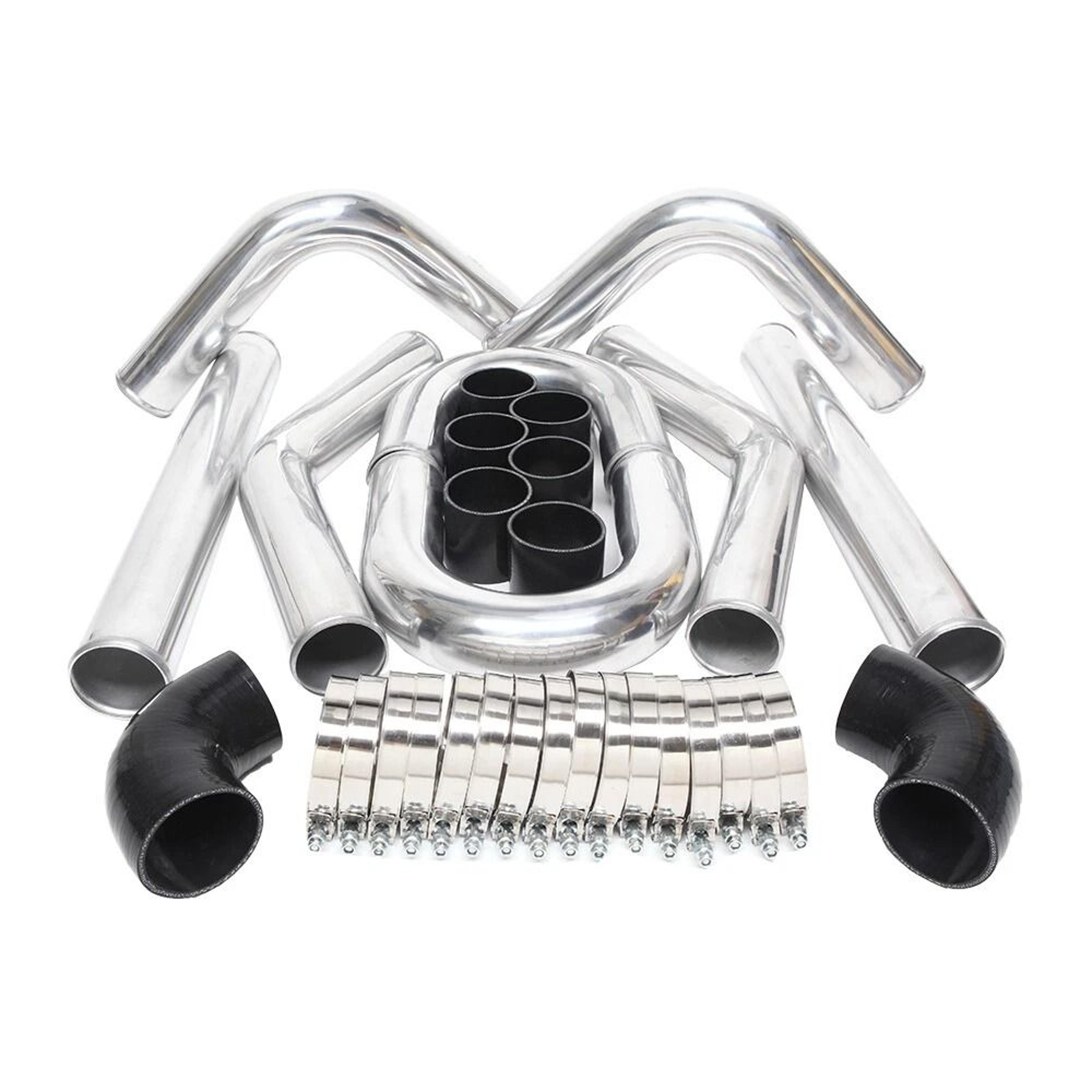 Polished Aluminum Intercooler Pipe Kit With Black Hose  Clamps Universal Upgrade 7