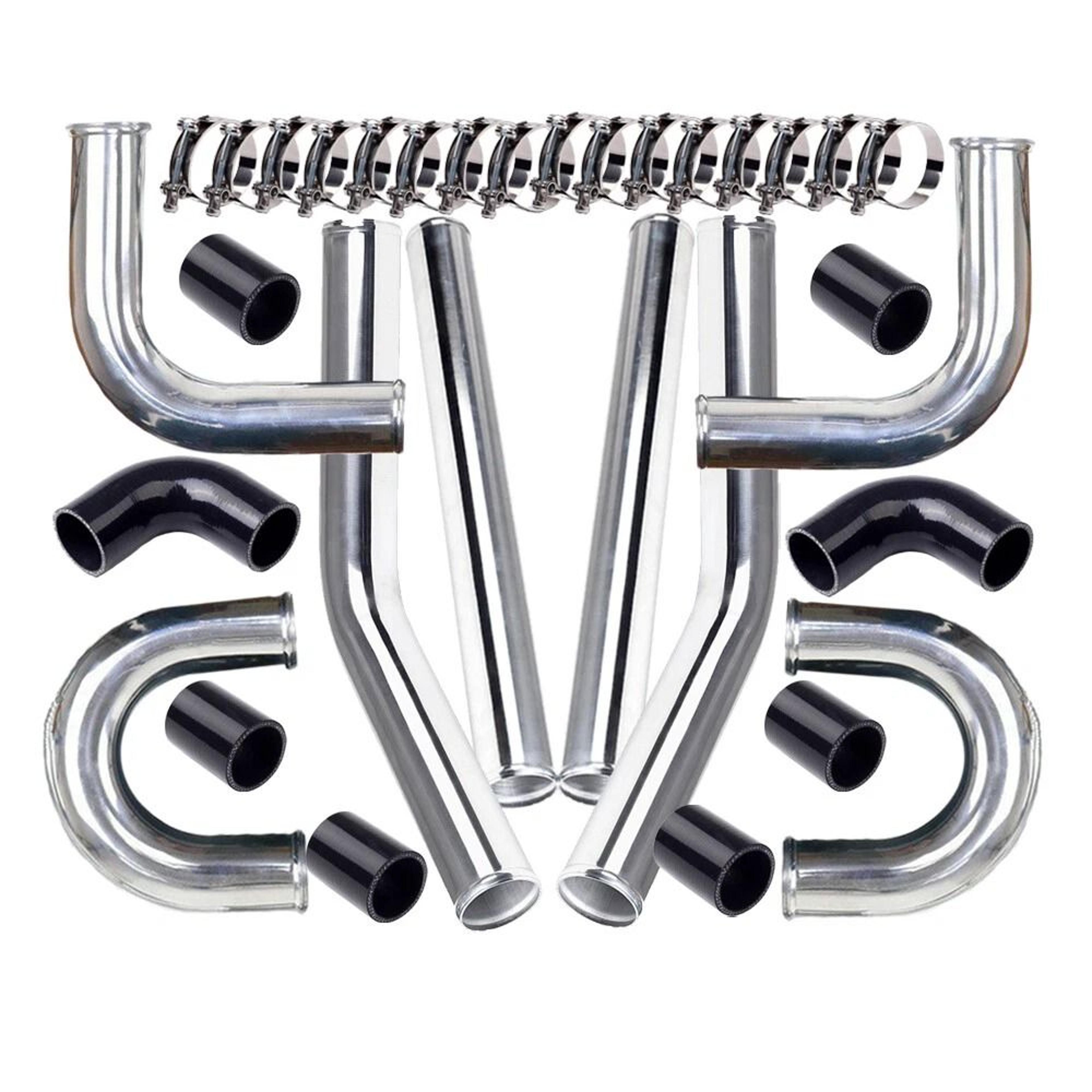 Polished Aluminum Intercooler Pipe Kit With Black Hose  Clamps Universal Upgrade 8
