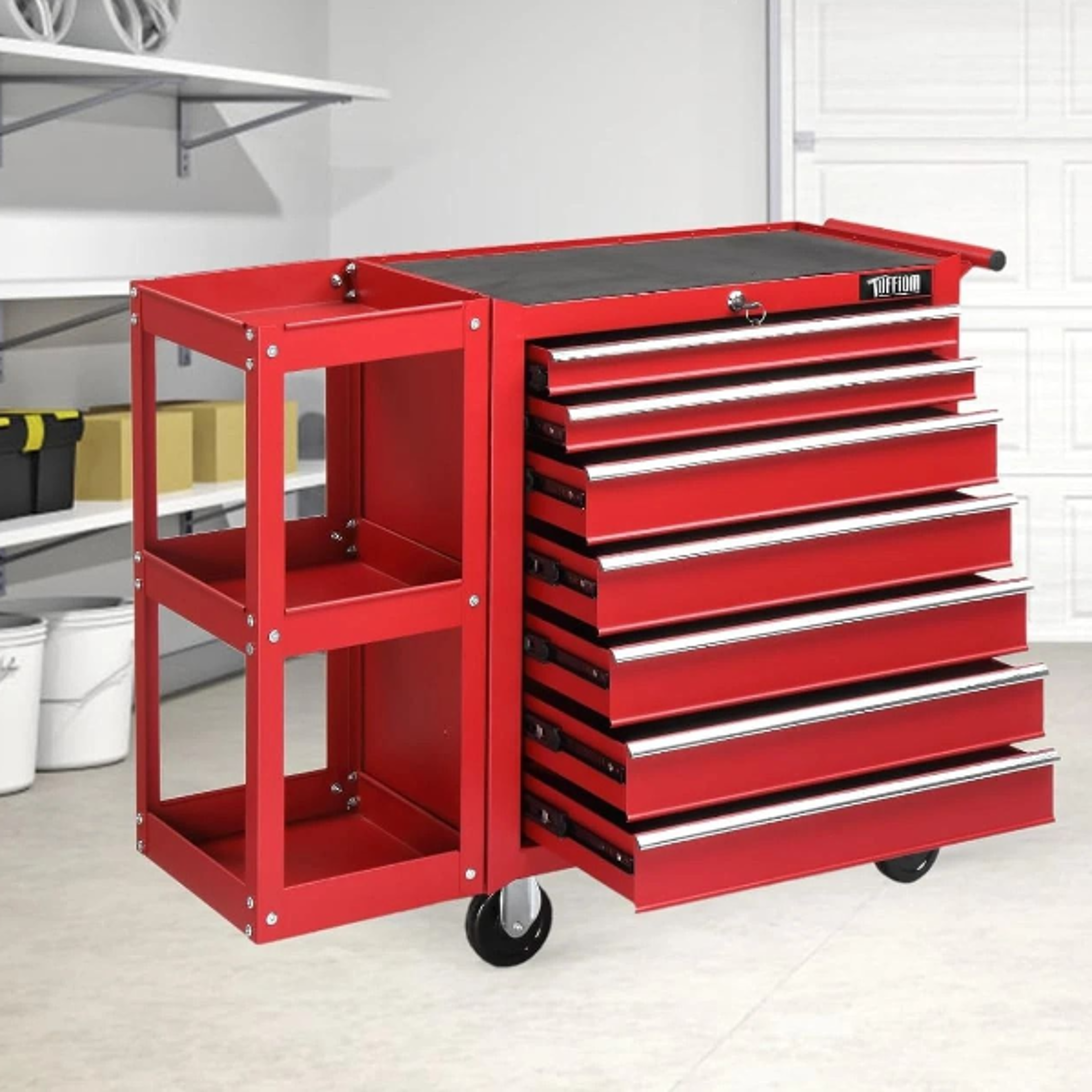 heavy duty 7 drawer tool chest with lock & key, rolling tool box & side shelves durable storage solution
