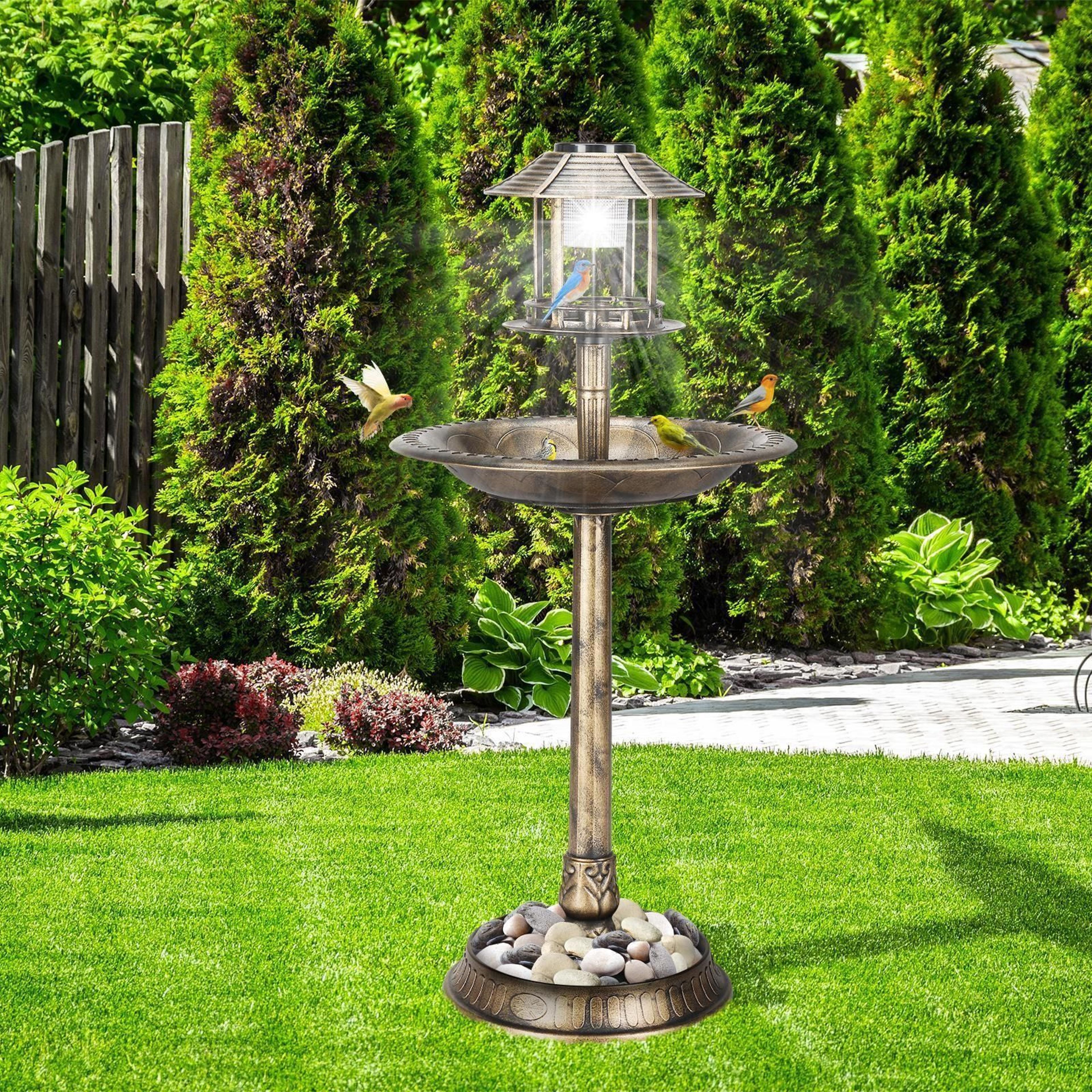 plastic round bird bath with solar light & sturdy base for outdoor garden