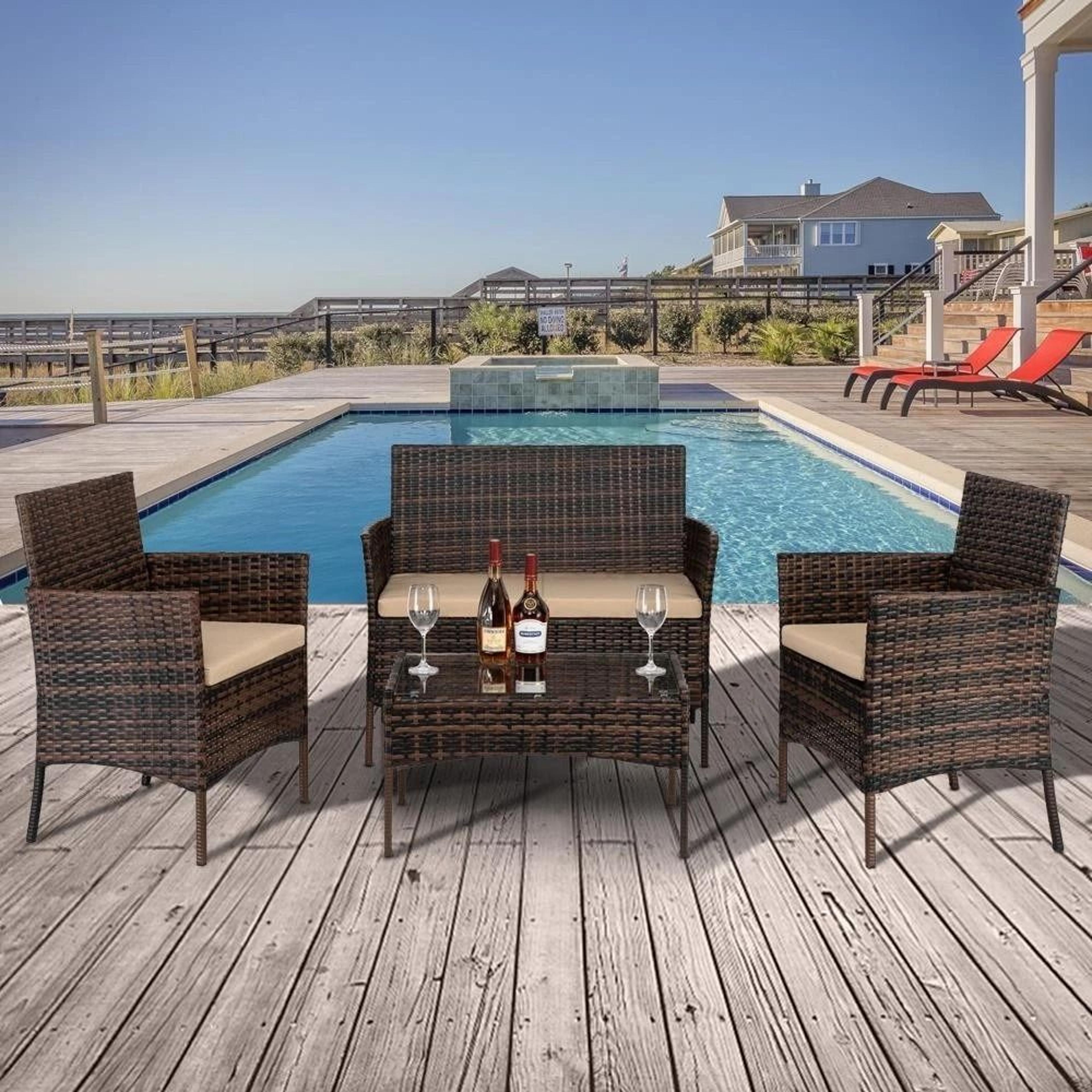 outdoor patio set, rattan wicker garden sofa chair cushioned furniture