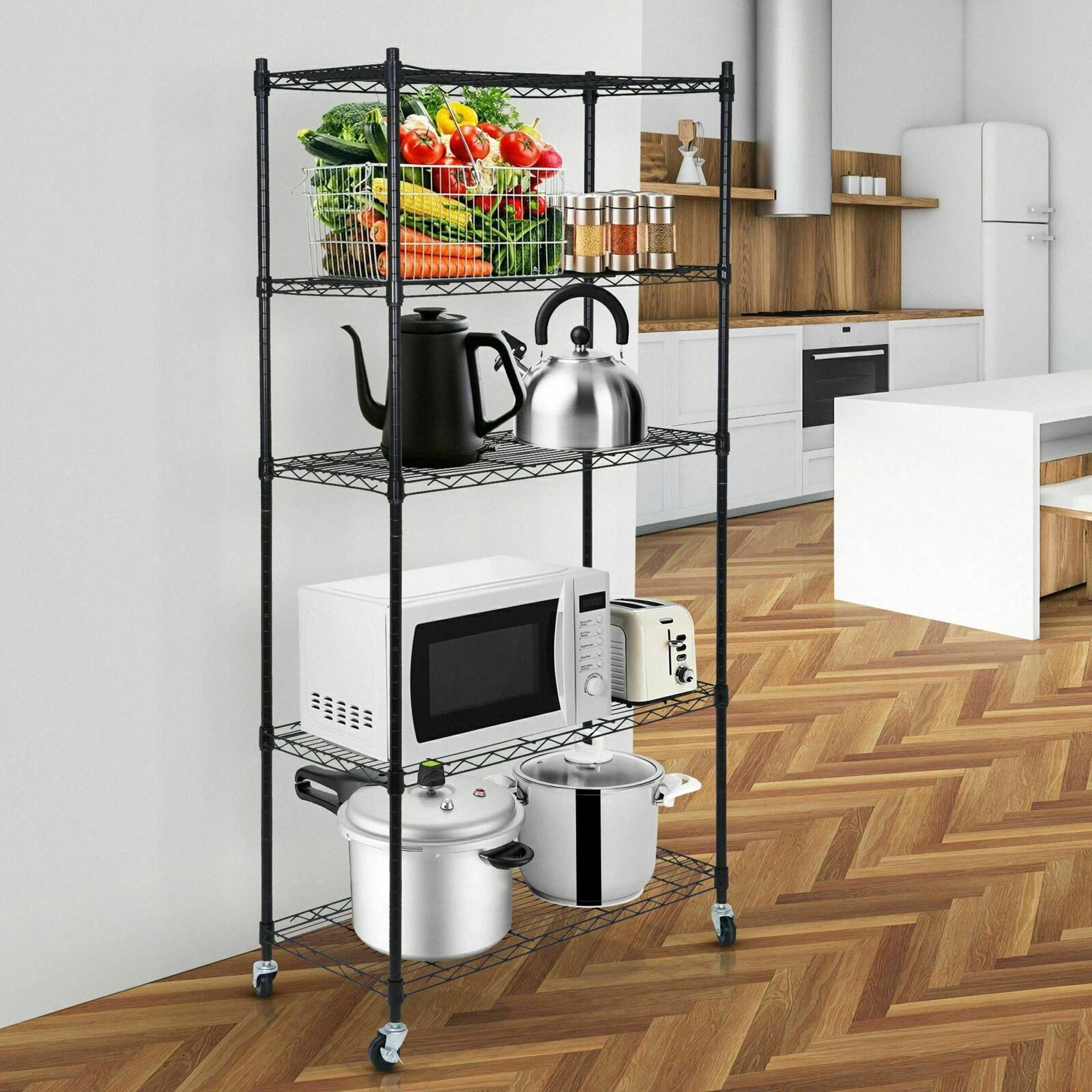 5 Tier Rolling Shelves Storage Rack With Large Space  Caster Steel Unit For Home Office  Garage Org 0