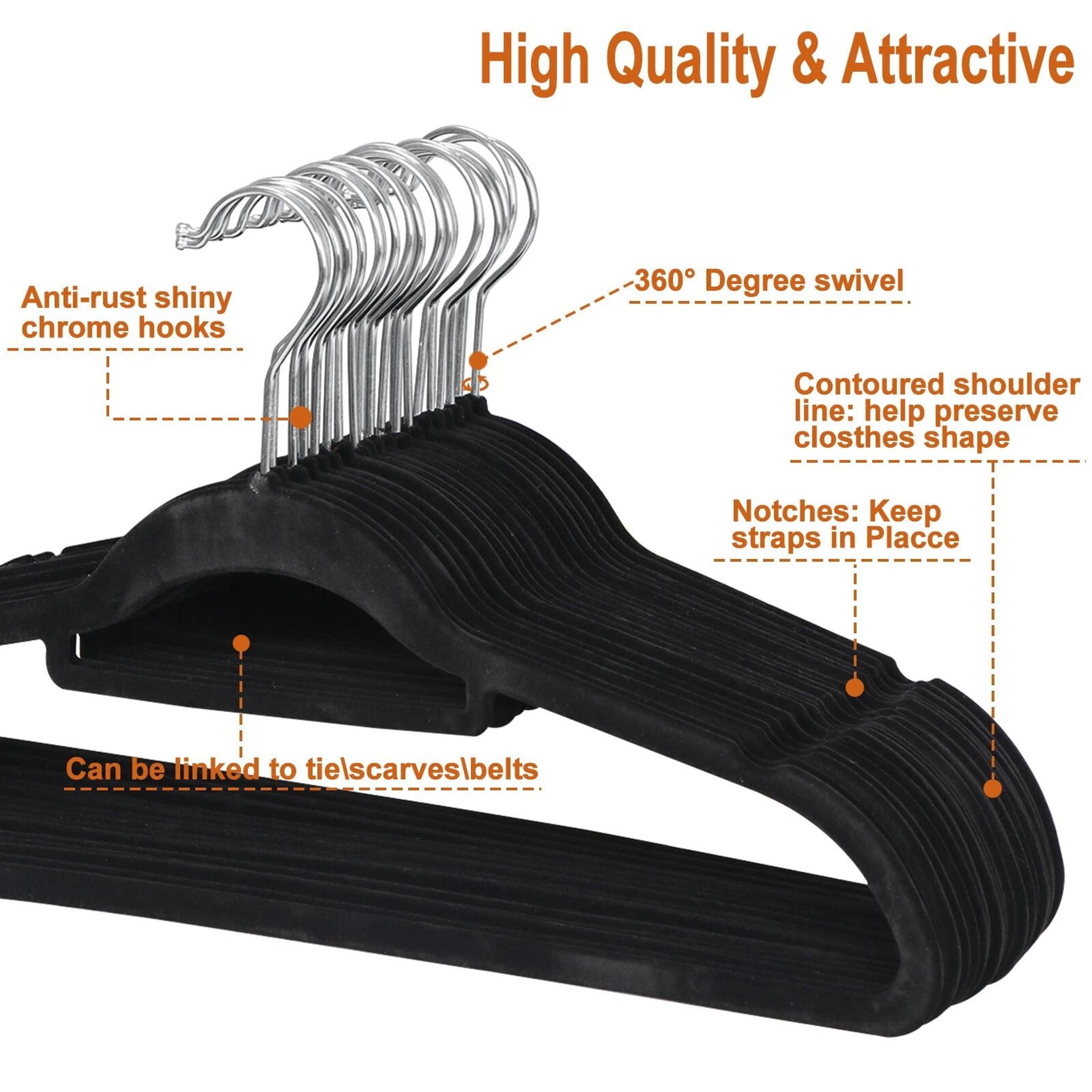Velvet Non Slip Clothes Hangers With Swivel Hook Premium Black 4