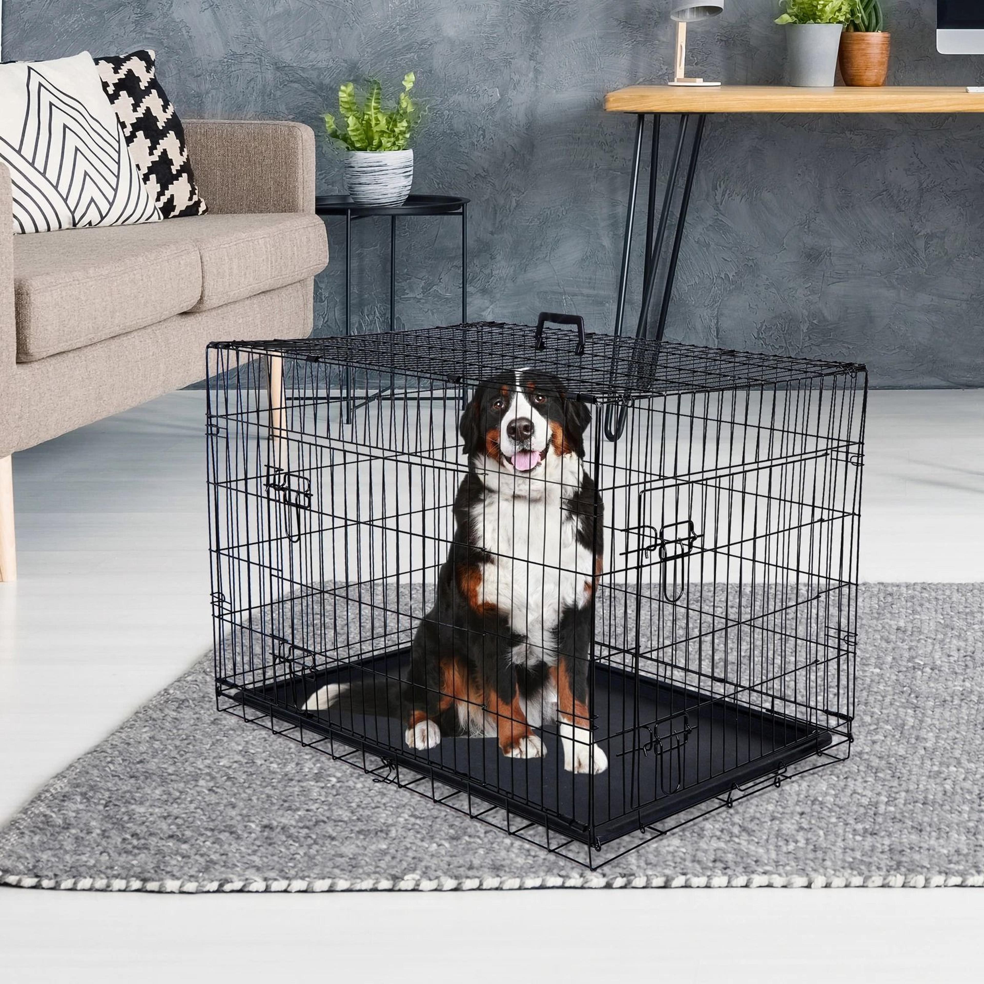 metal wire dog crate with double doors & tray adjustable pet kennel for dogs, ideal for home and travel uses