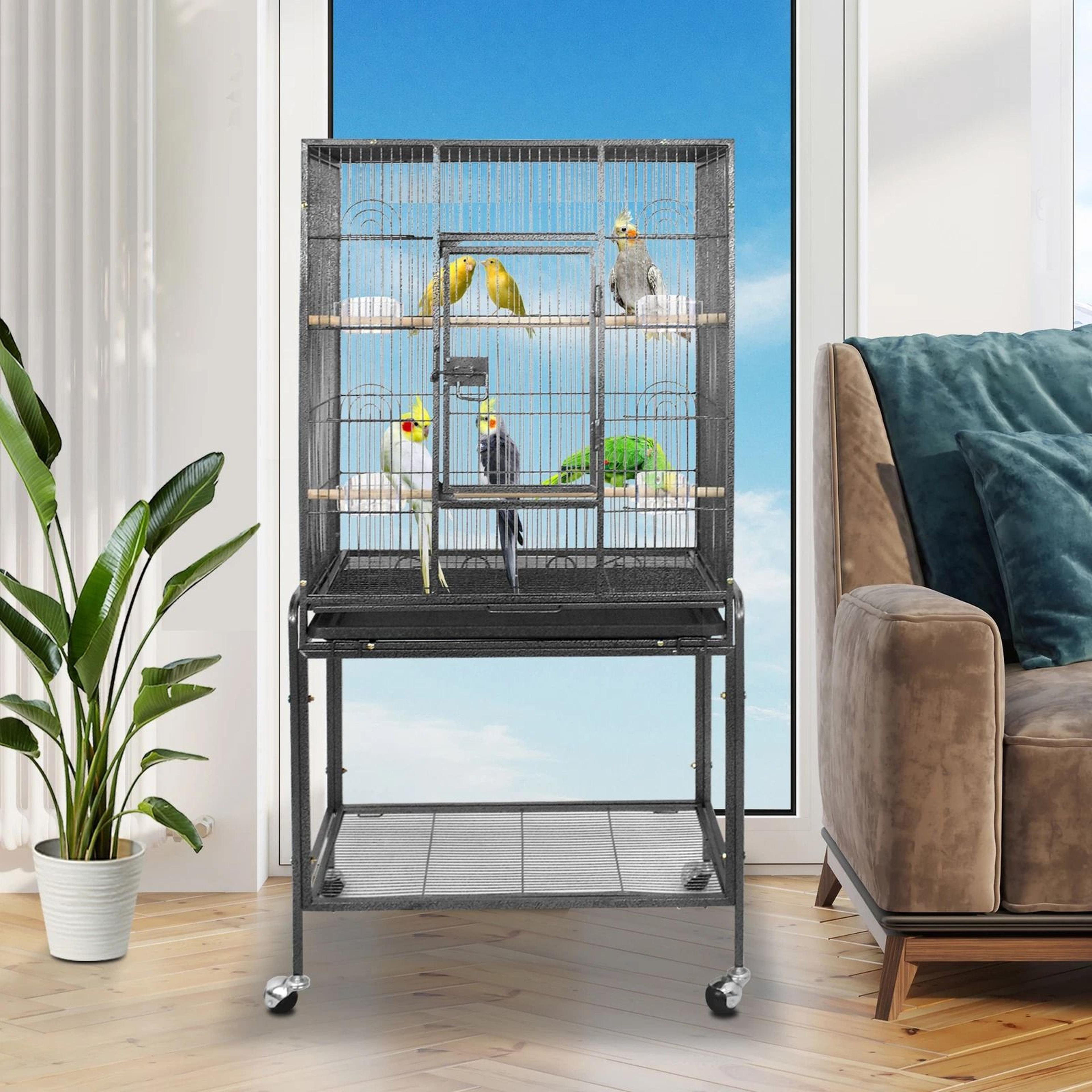 large spacious wrought iron bird cage with rolling stand for parakeets & small parrots