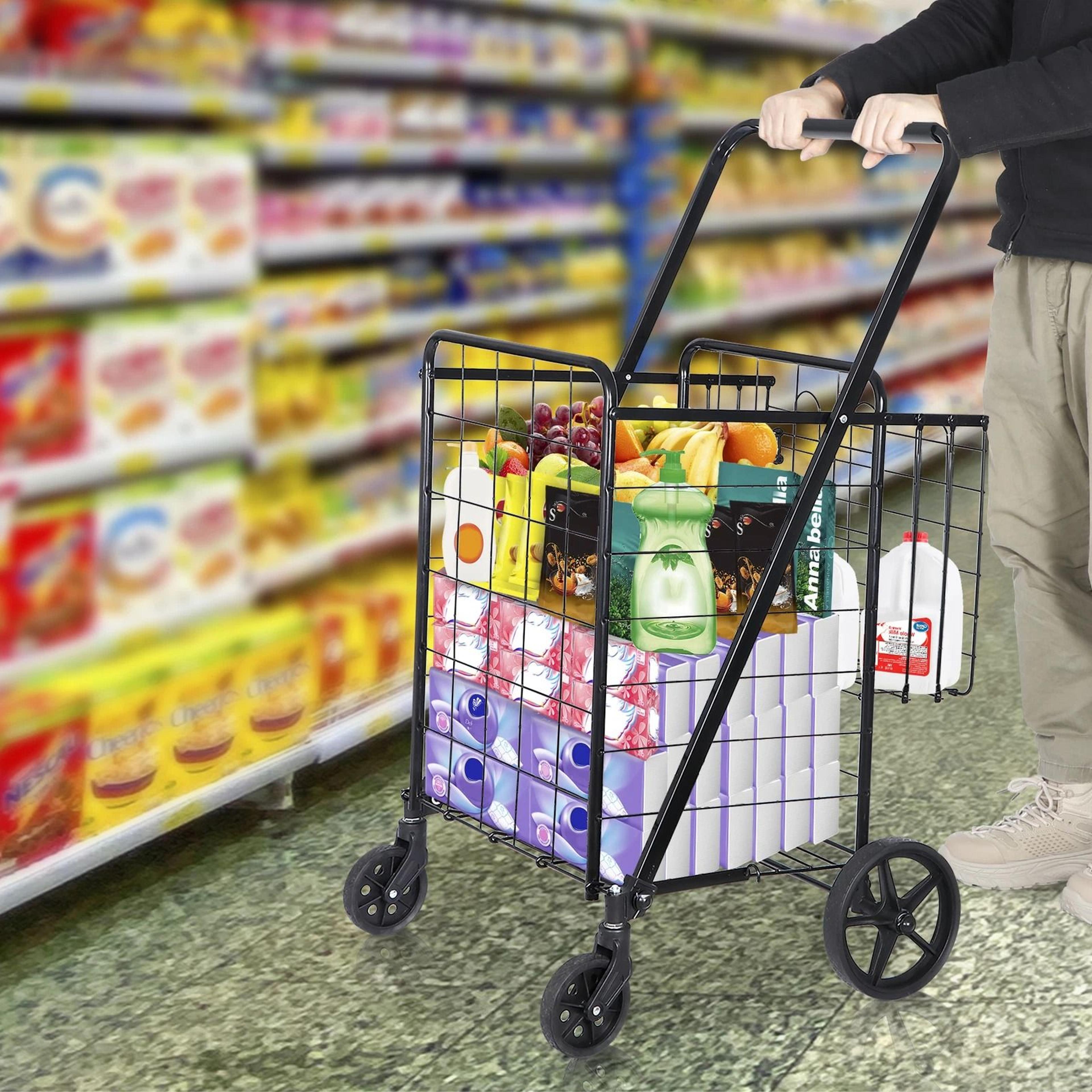 folding shopping cart for groceries and laundry with wheels and double basket, black