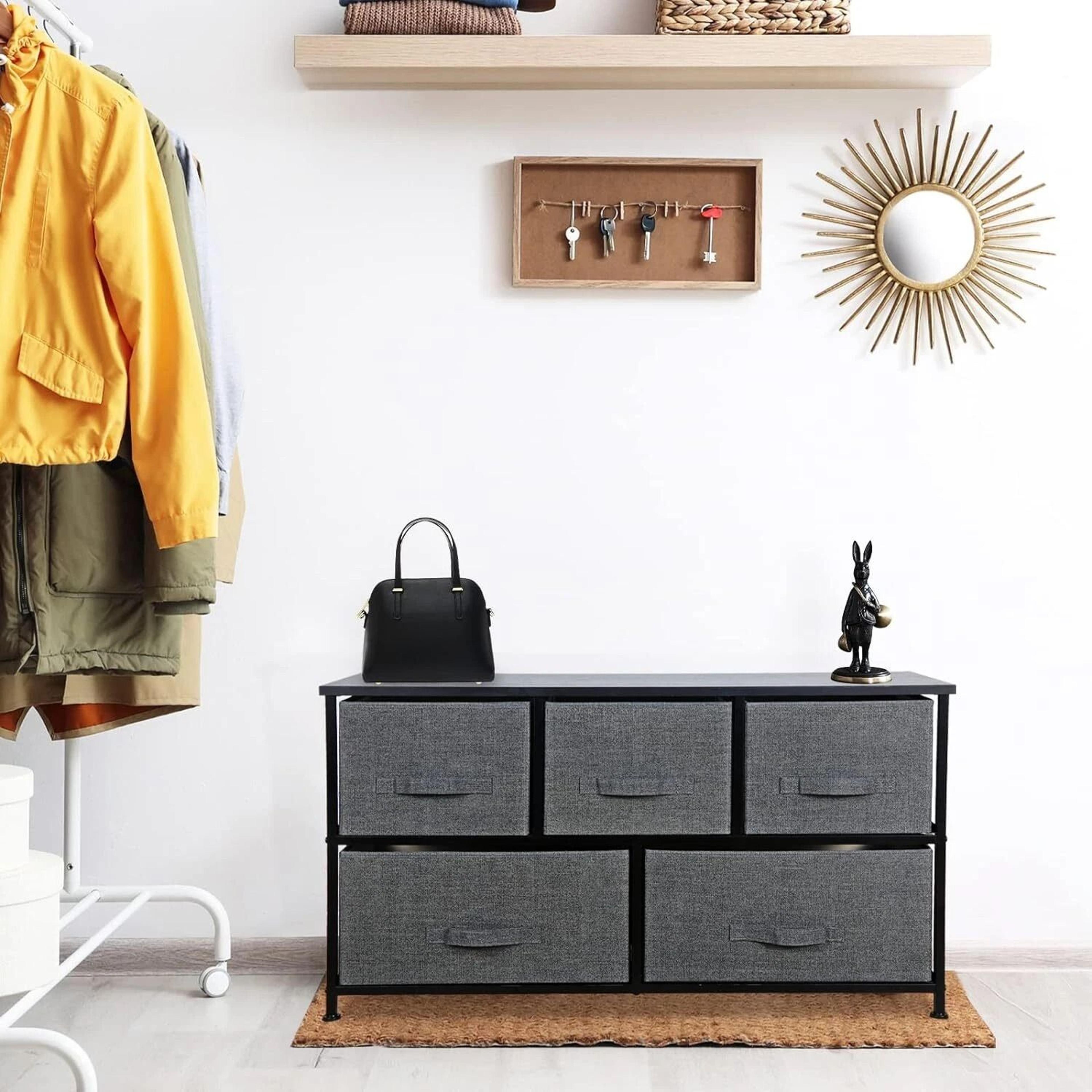 dark grey 5 drawer fabric dresser sturdy chest with wide storage for bedroom organization