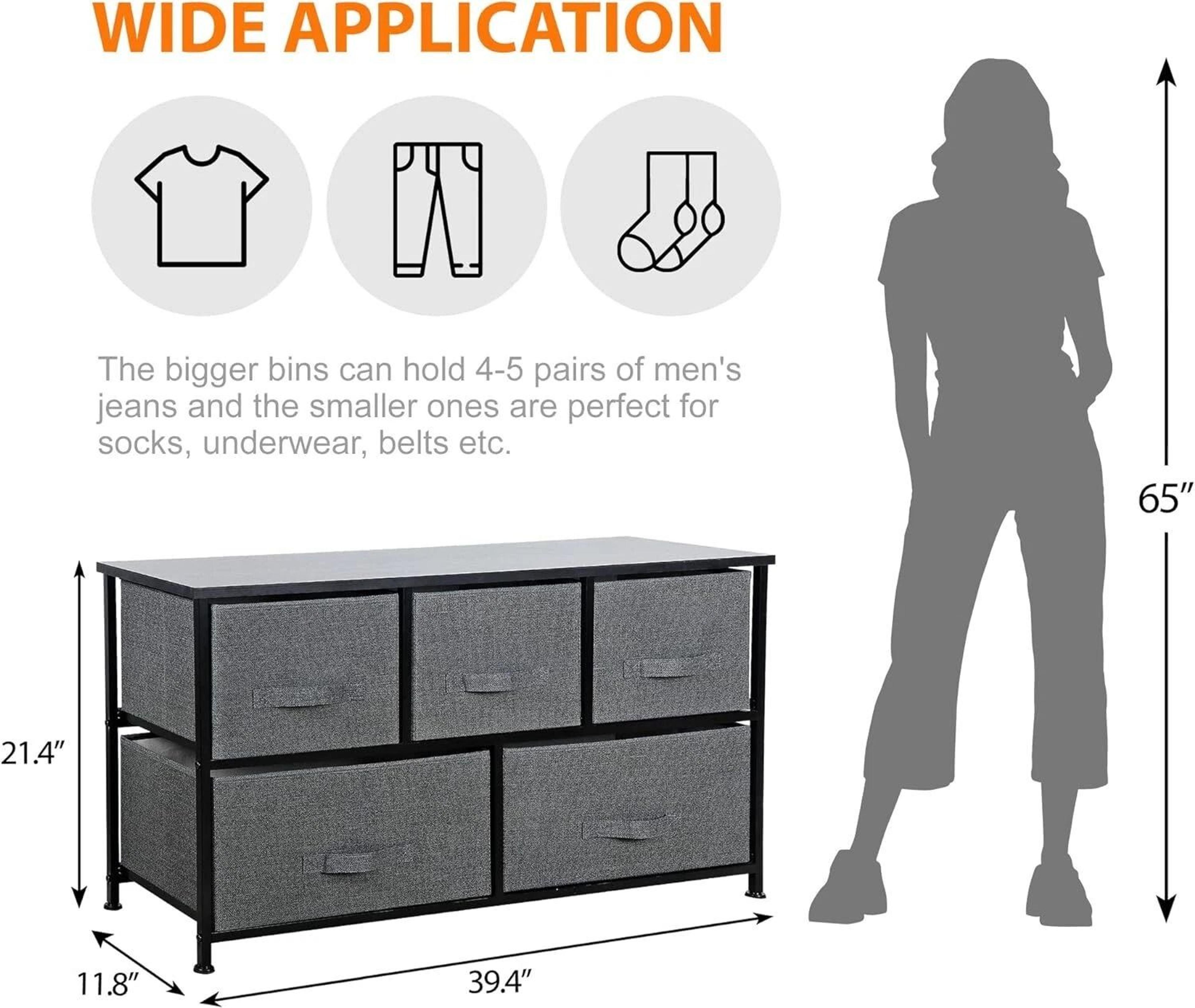 Dark Grey 5 Drawer Fabric Dresser Sturdy Chest With Wide Storage For Bedroom Organization 9