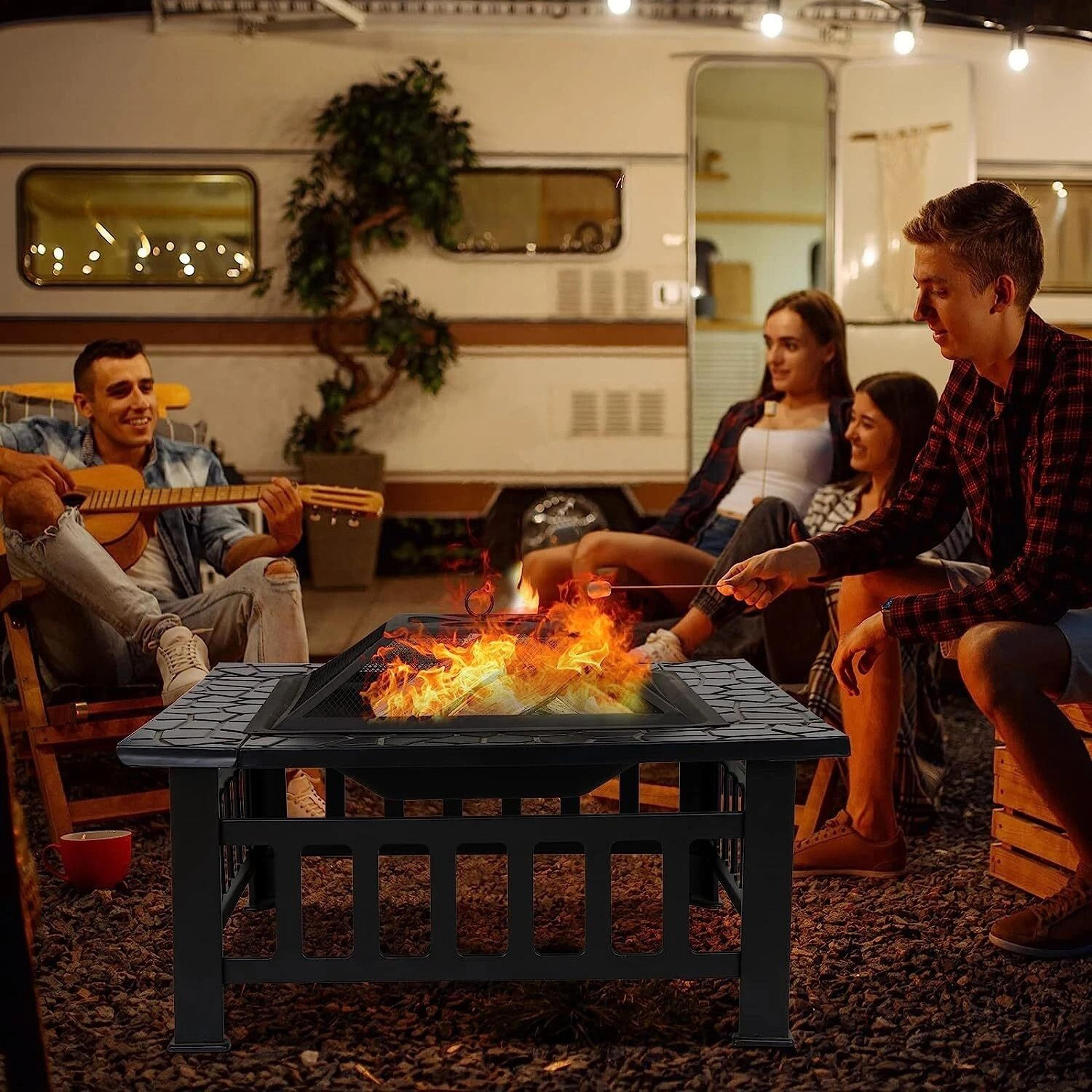 outdoor fire pit wood burning metal fireplace with poker & cover ideal for backyard gatherings