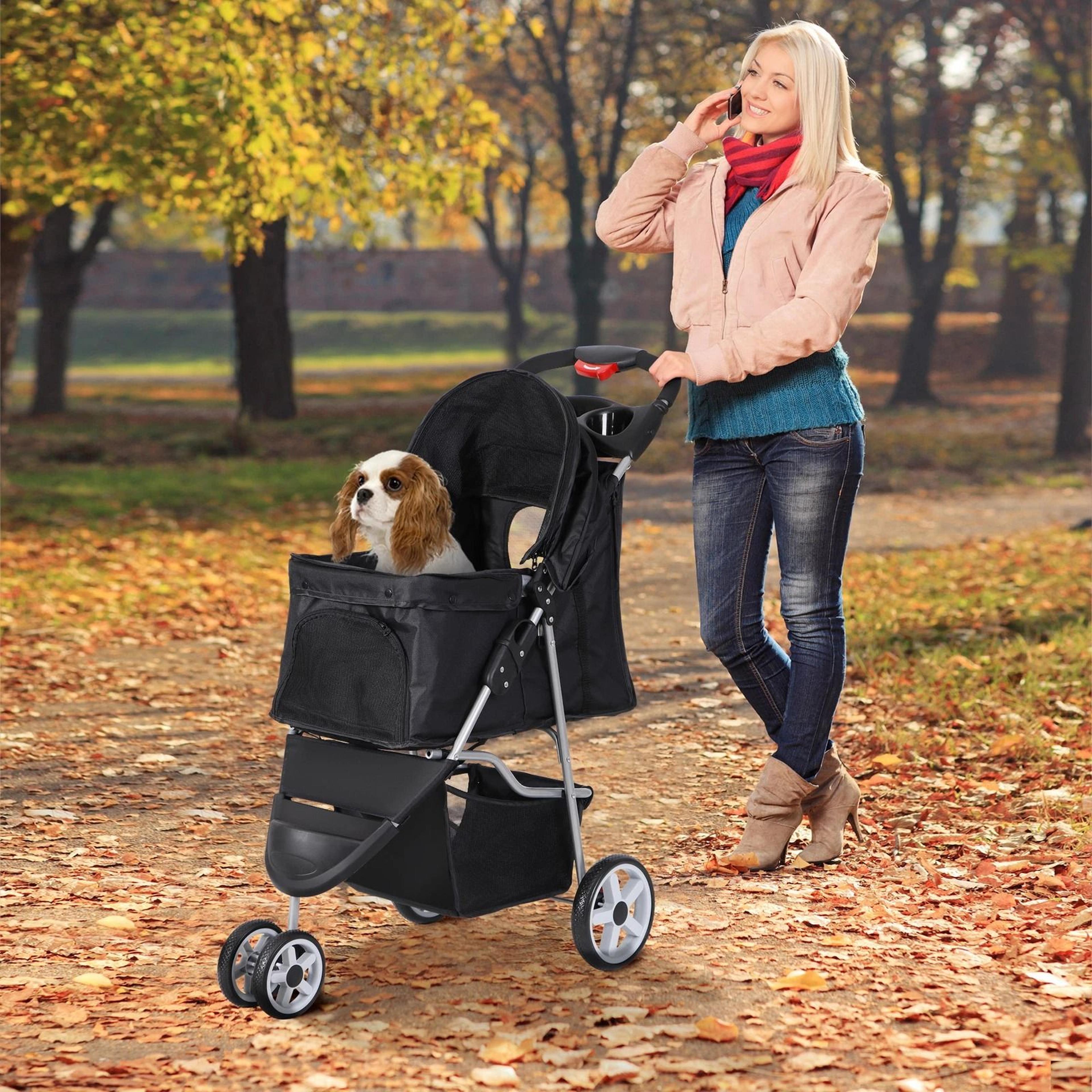 premium foldable 3 wheel pet stroller for cats and dogs with cup holder and storage