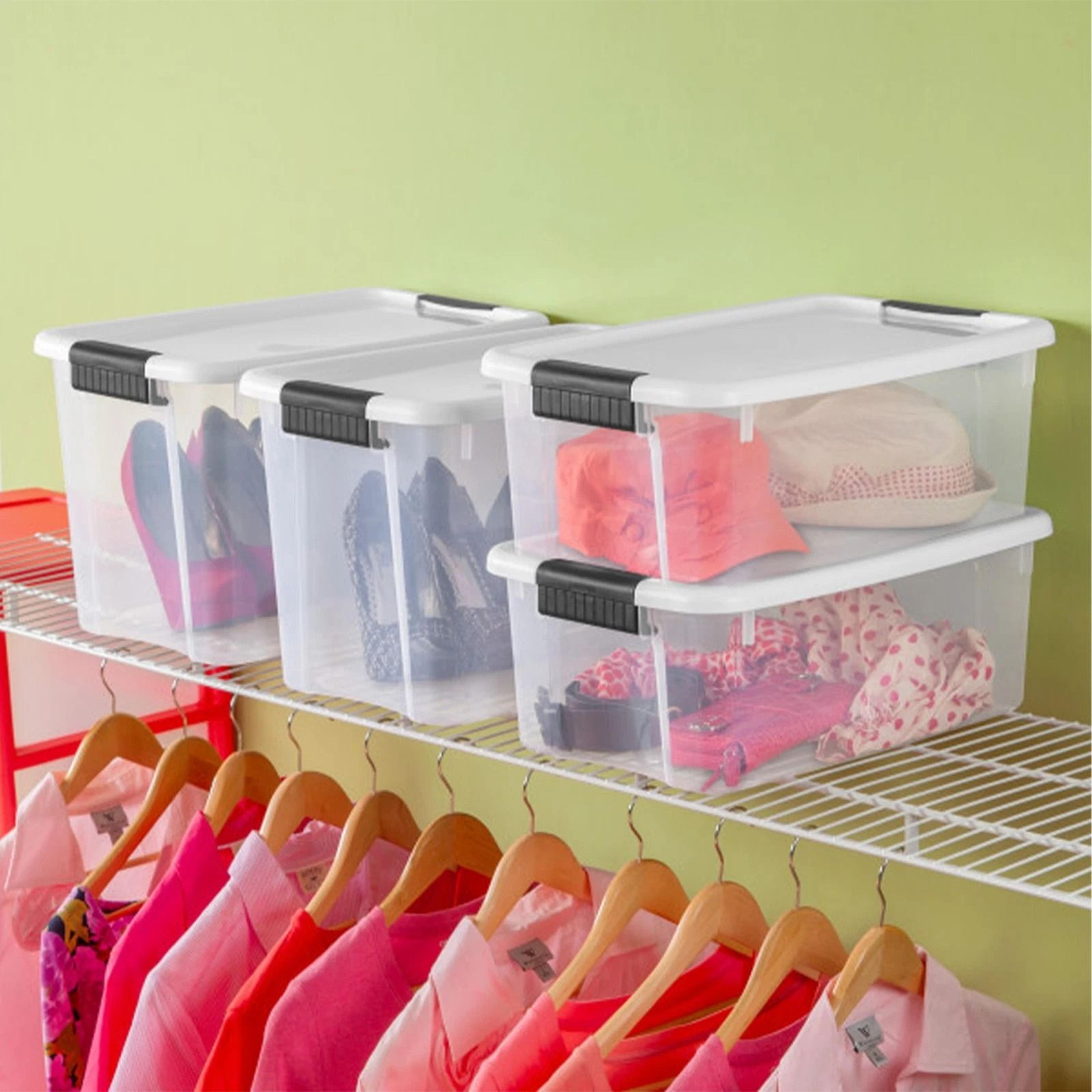 sterilite qt clear plastic stackable storage bins with white latch lid