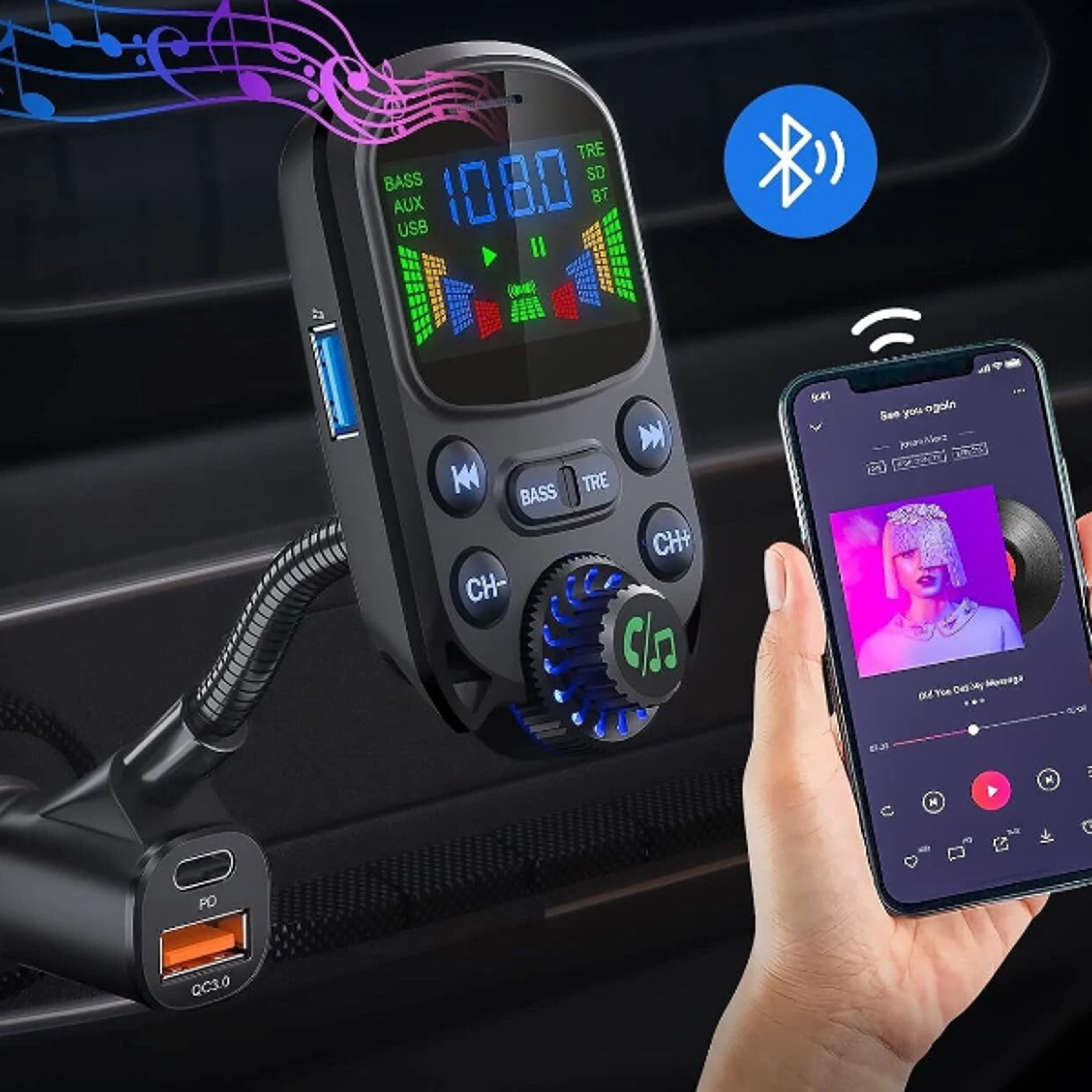 car bluetooth fm transmitter wireless mp3 adapter with hands free & 3 port charger for car