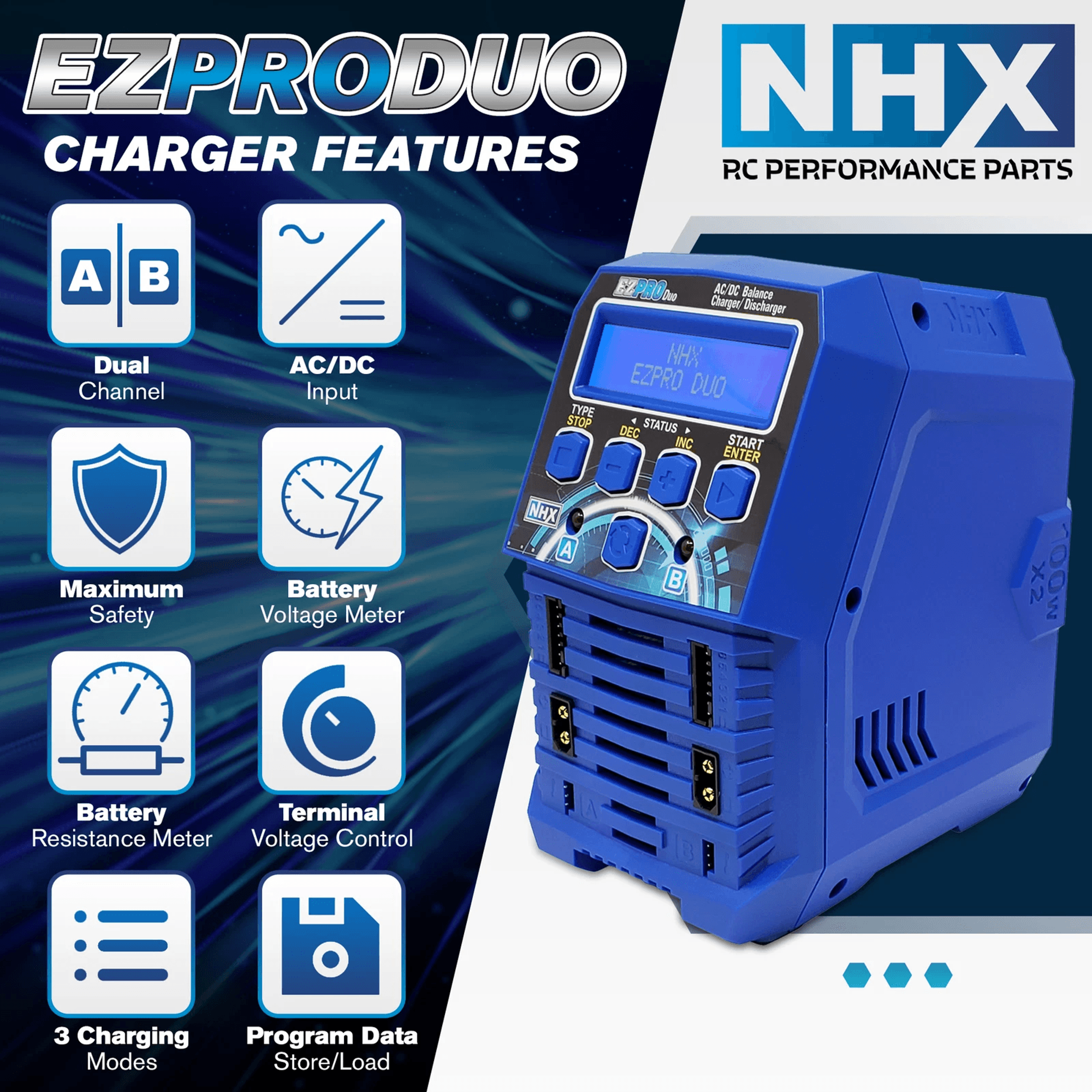 NHX EZPRO DUO 100W X2 Dual ACDC Battery Balance Charger For LIPOLIHV  NIMH RC Batteries 6