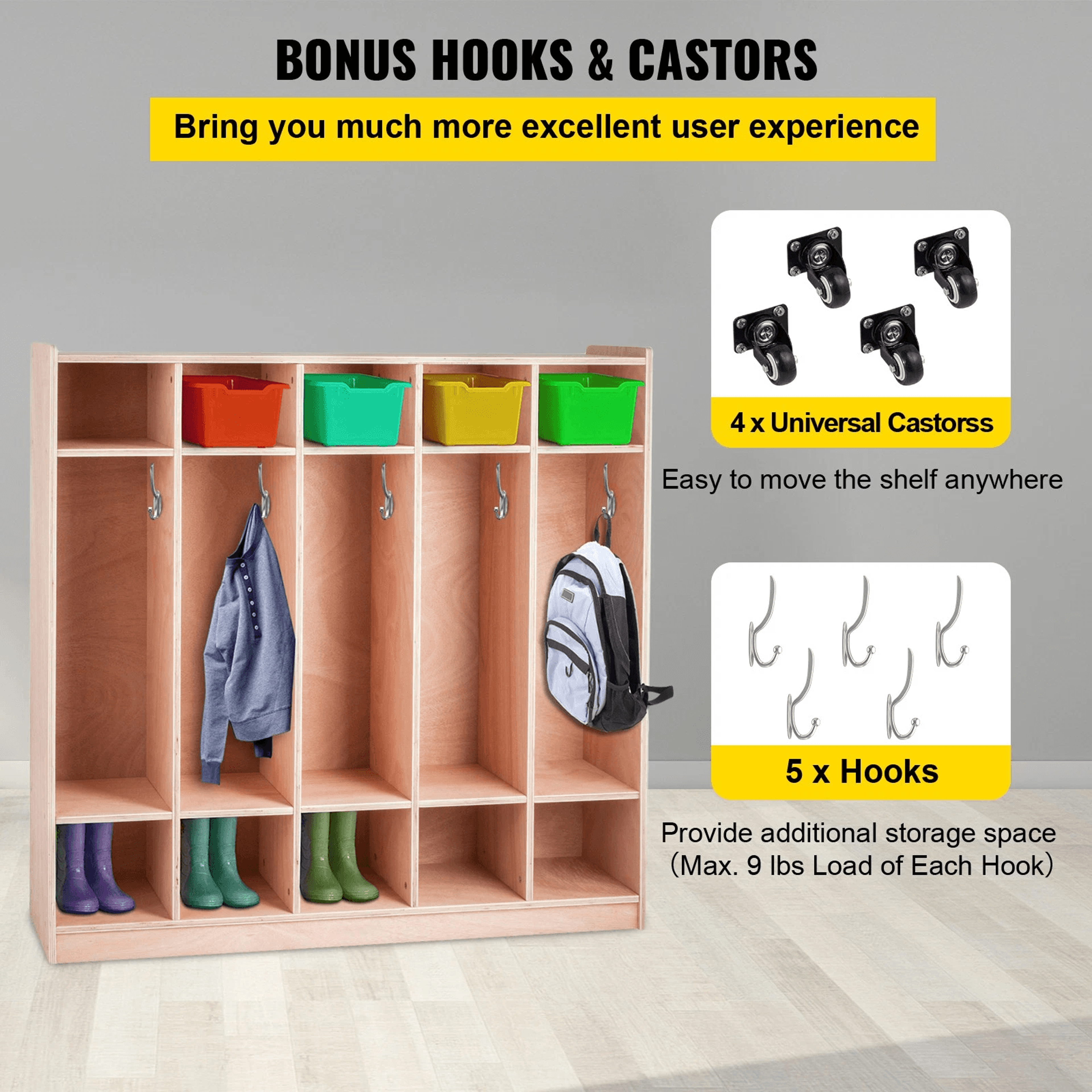 Premium 5 Section Daycare Cubby Coat Rack And Kids Storage Organizer With Hooks  Bins 3