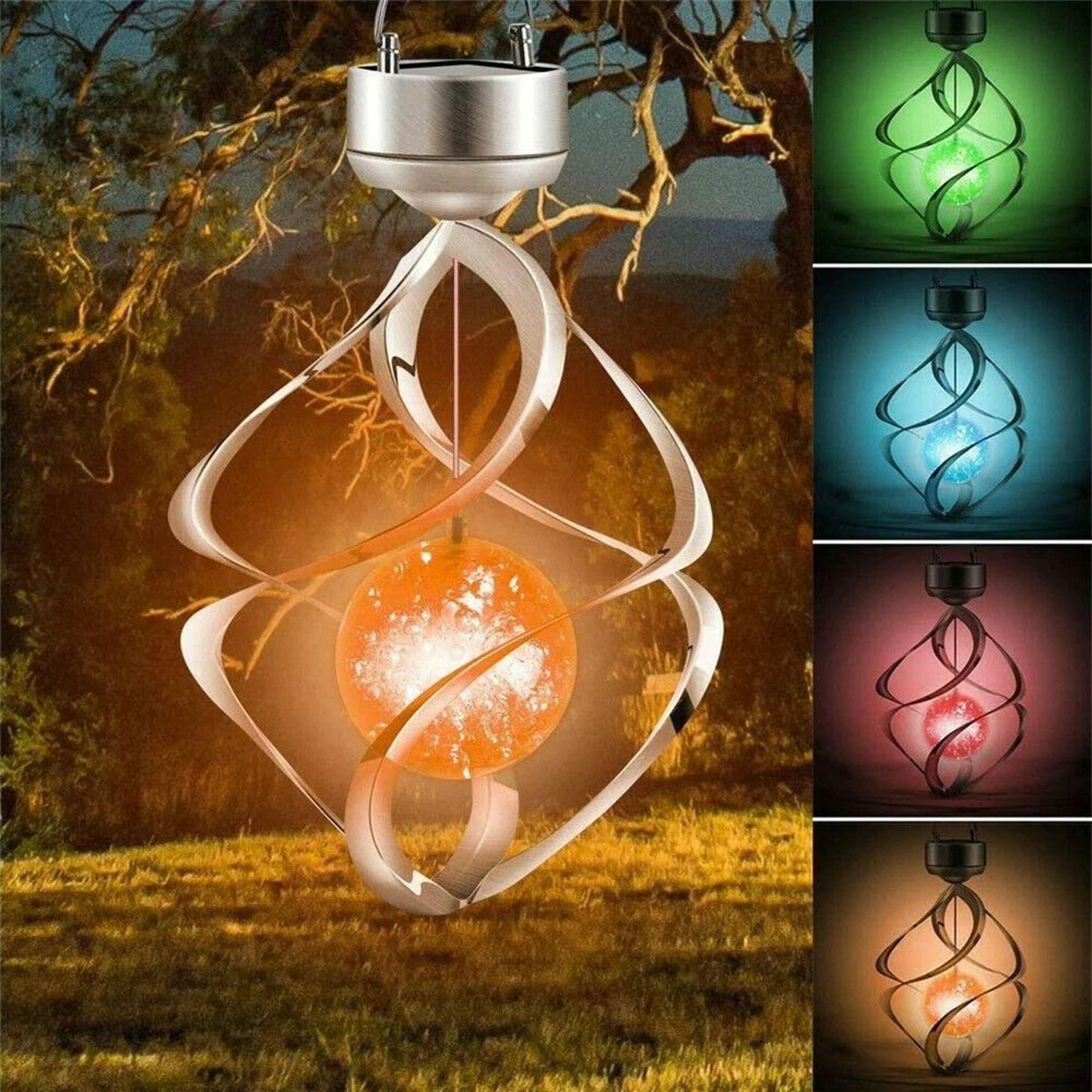 solar powered wind chimes led spiral spinner lamp, colour changing hanging light for outdoor decor