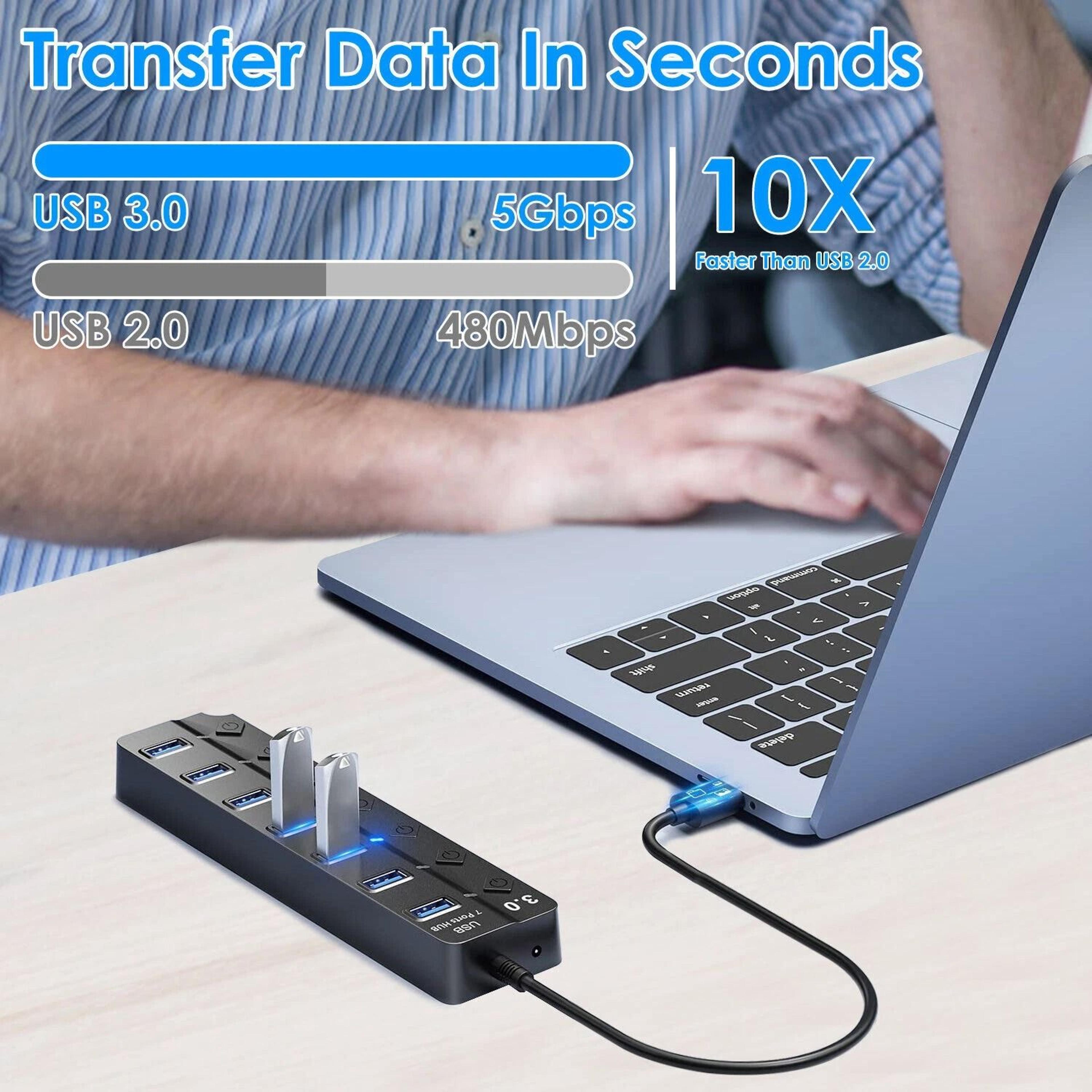 7 Port USB Hub Splitter Adapter High Speed Charging For PC Laptop  Mac 6