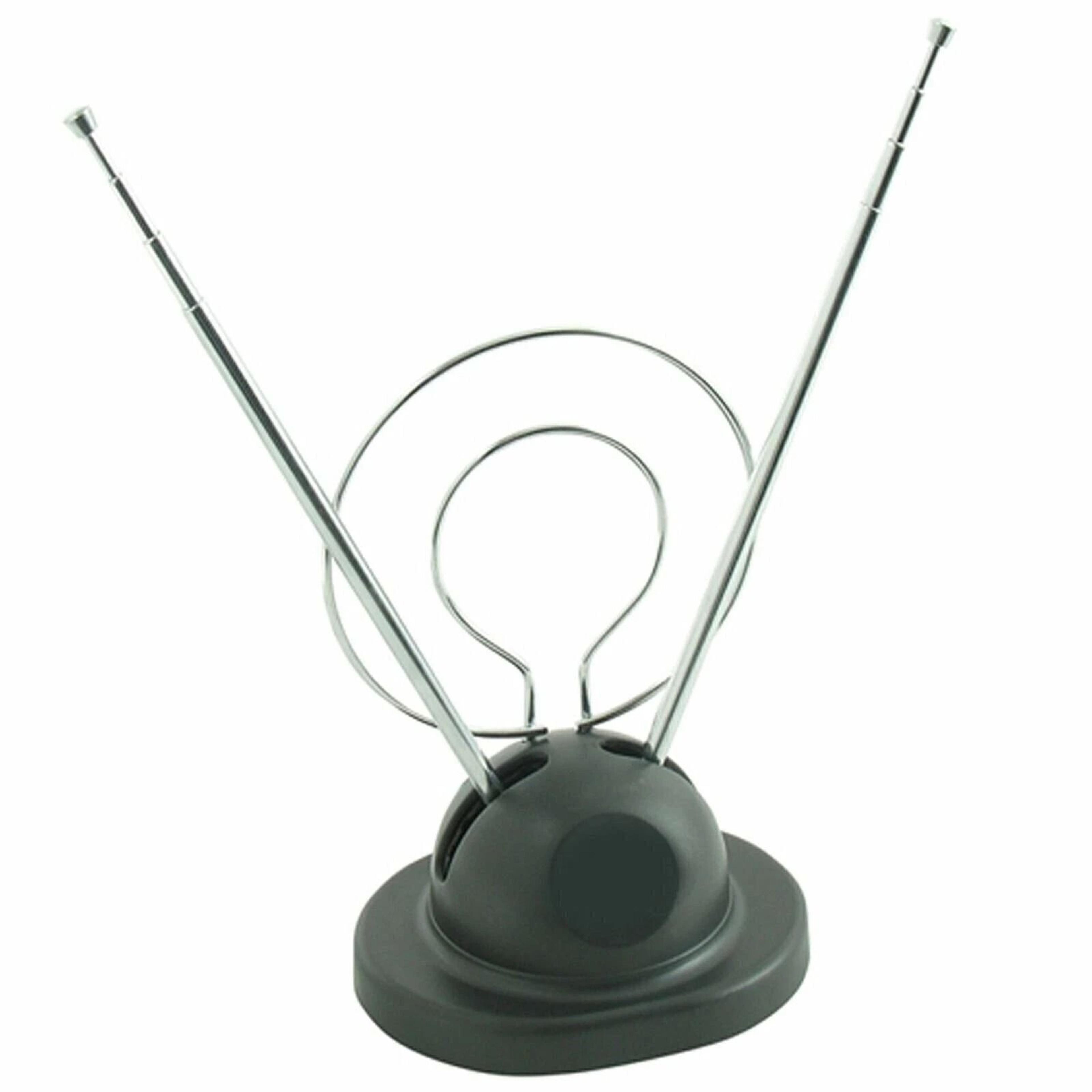universal indoor rabbit ear tv antenna for hdtv, vhf uhf dual loop coaxial high quality reception