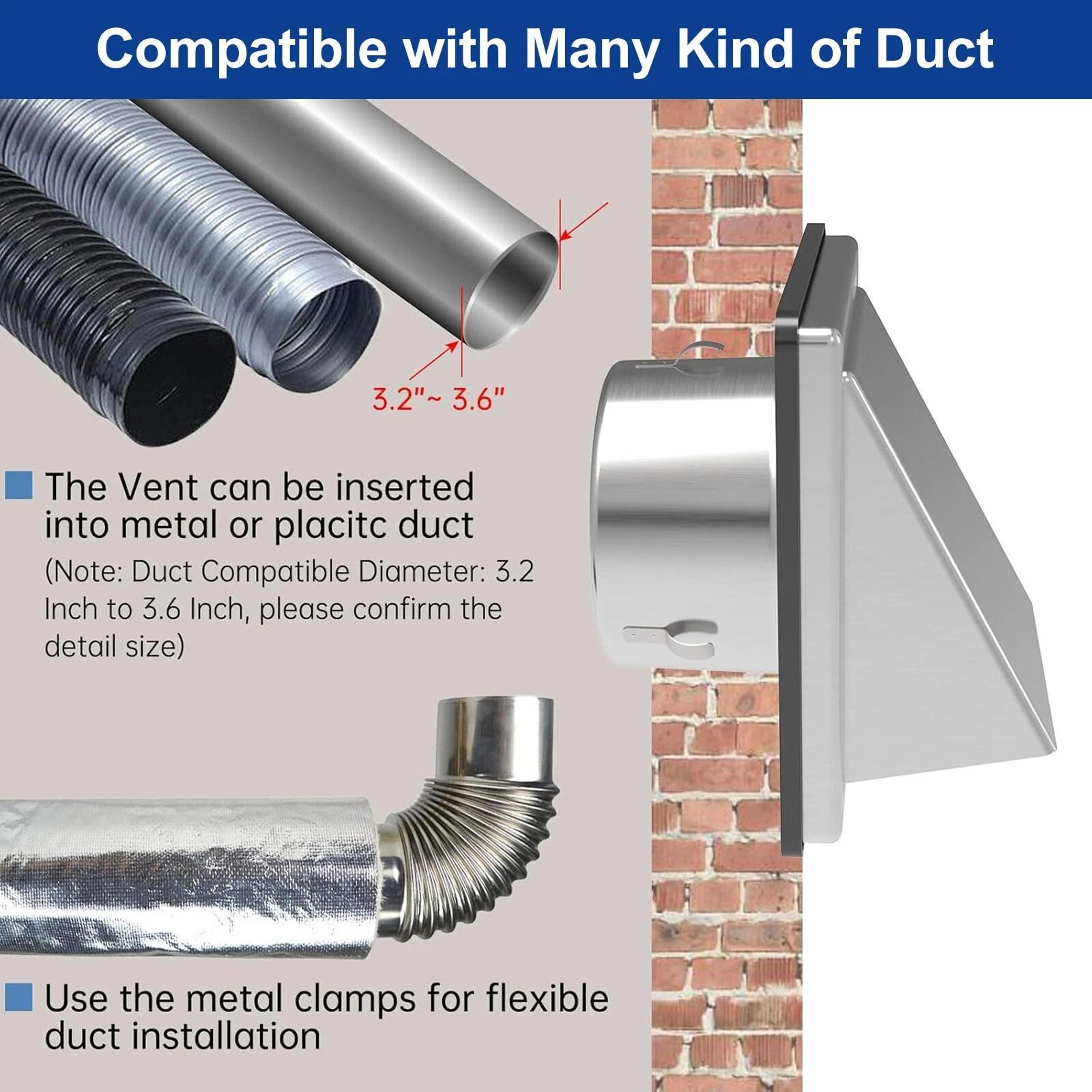 Stainless Steel Dryer Vent Cover Exterior Wall Hood For Airflow Protection 3