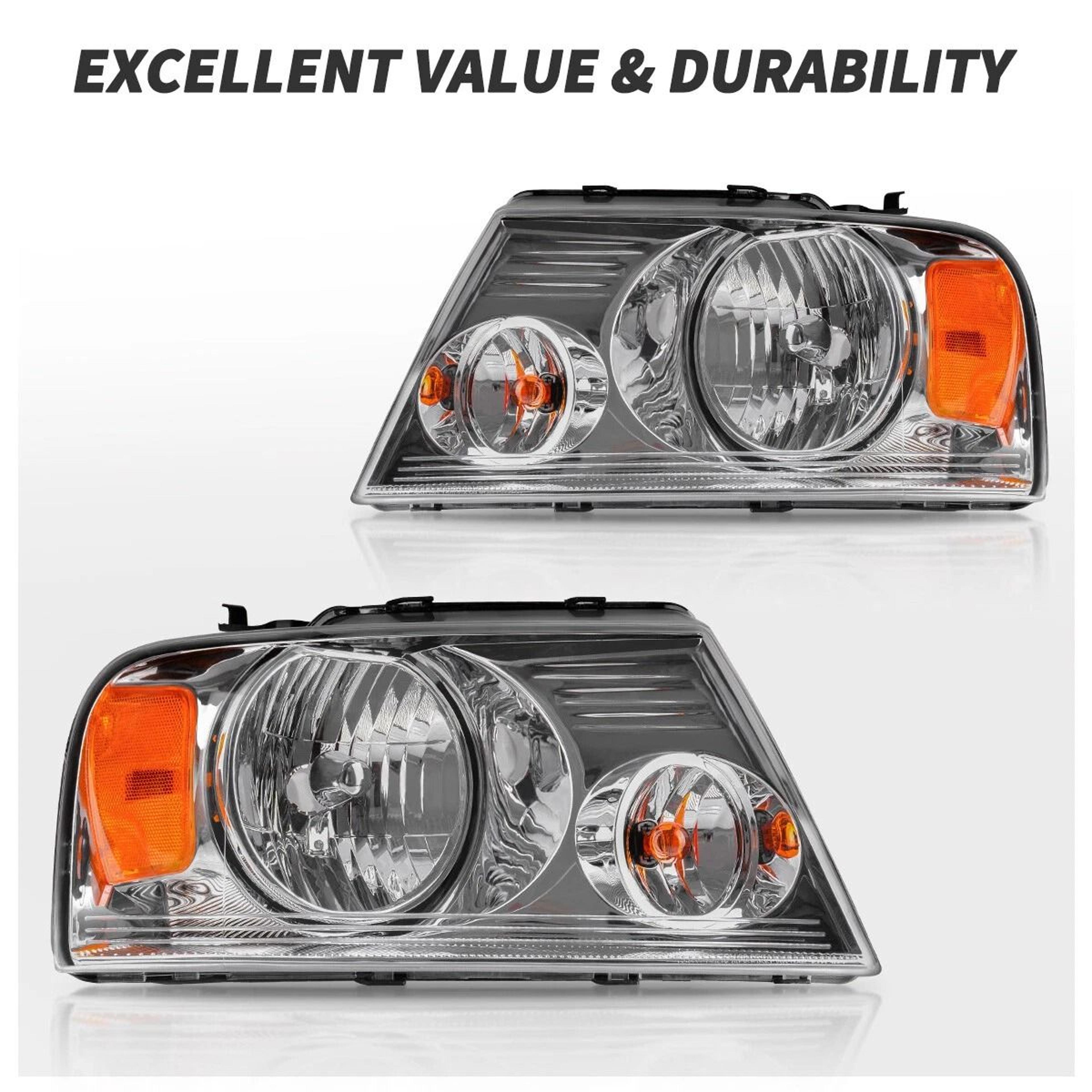 Ford Headlight Assembly Pair Chrome Amber Halogen Replacement 7