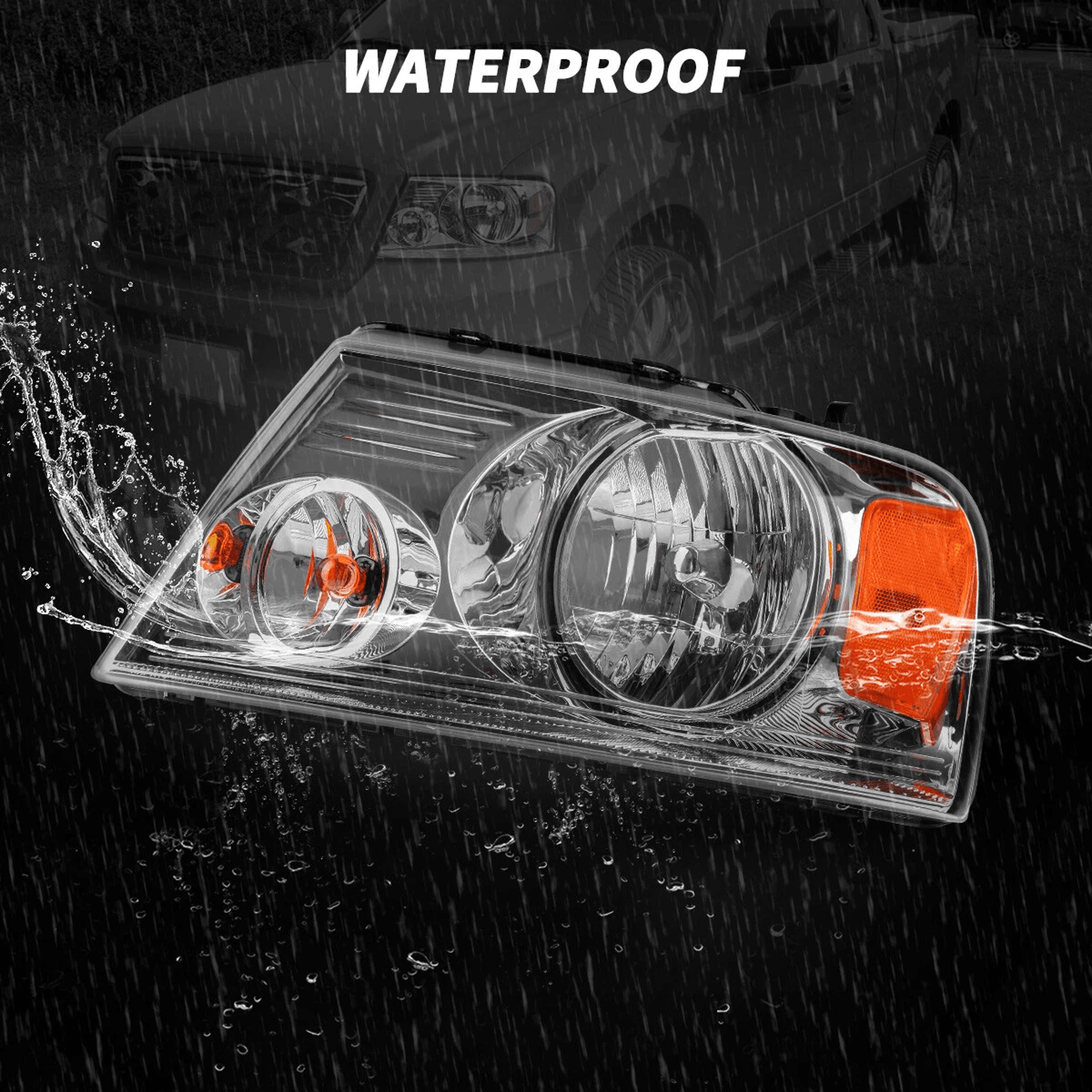 Ford Headlight Assembly Pair Chrome Amber Halogen Replacement 10