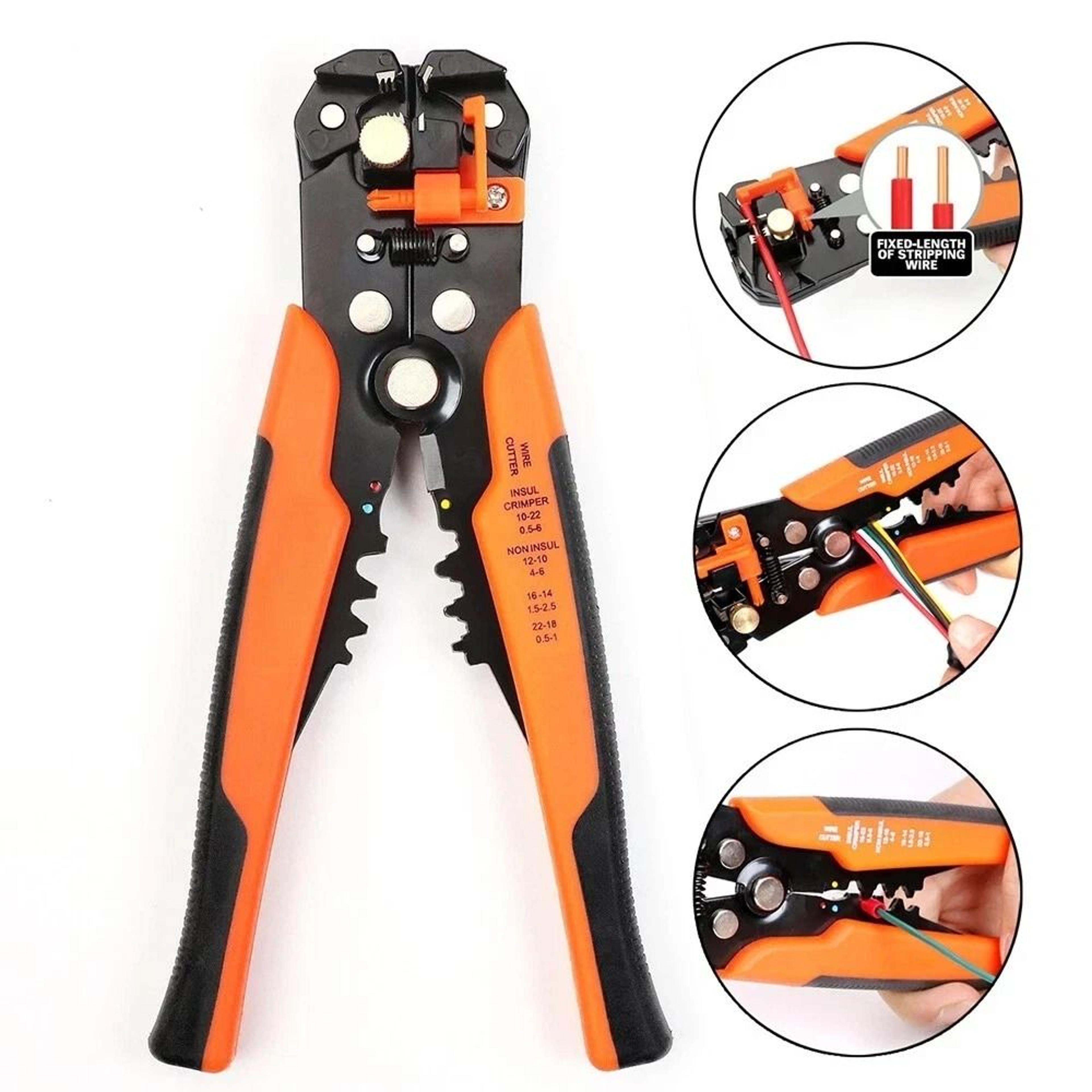 self adjusting wire stripper & crimper tool for insulation removal and terminal crimping