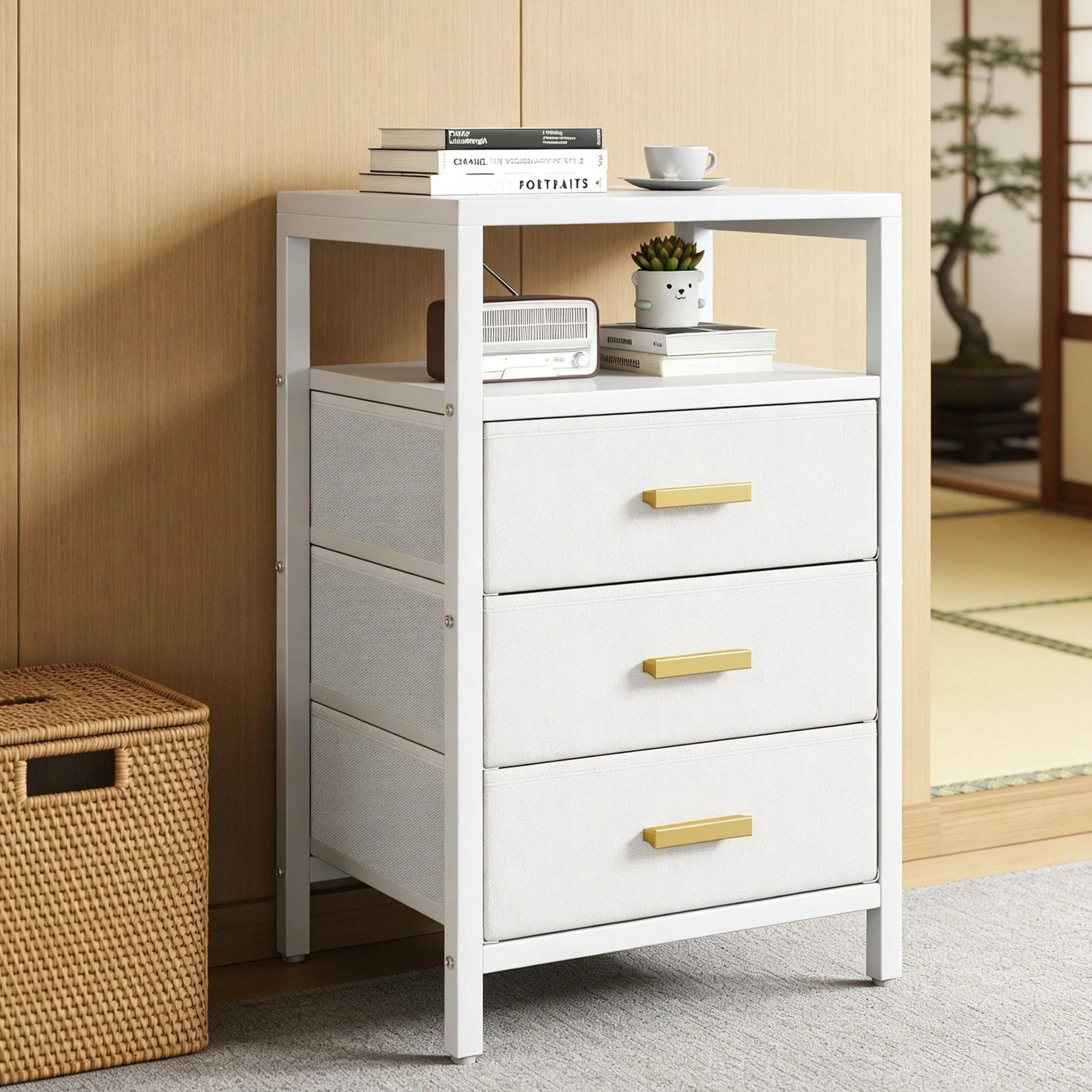 nightstand side table with 3 fabric drawers stylish storage solution for bedroom & living room, white